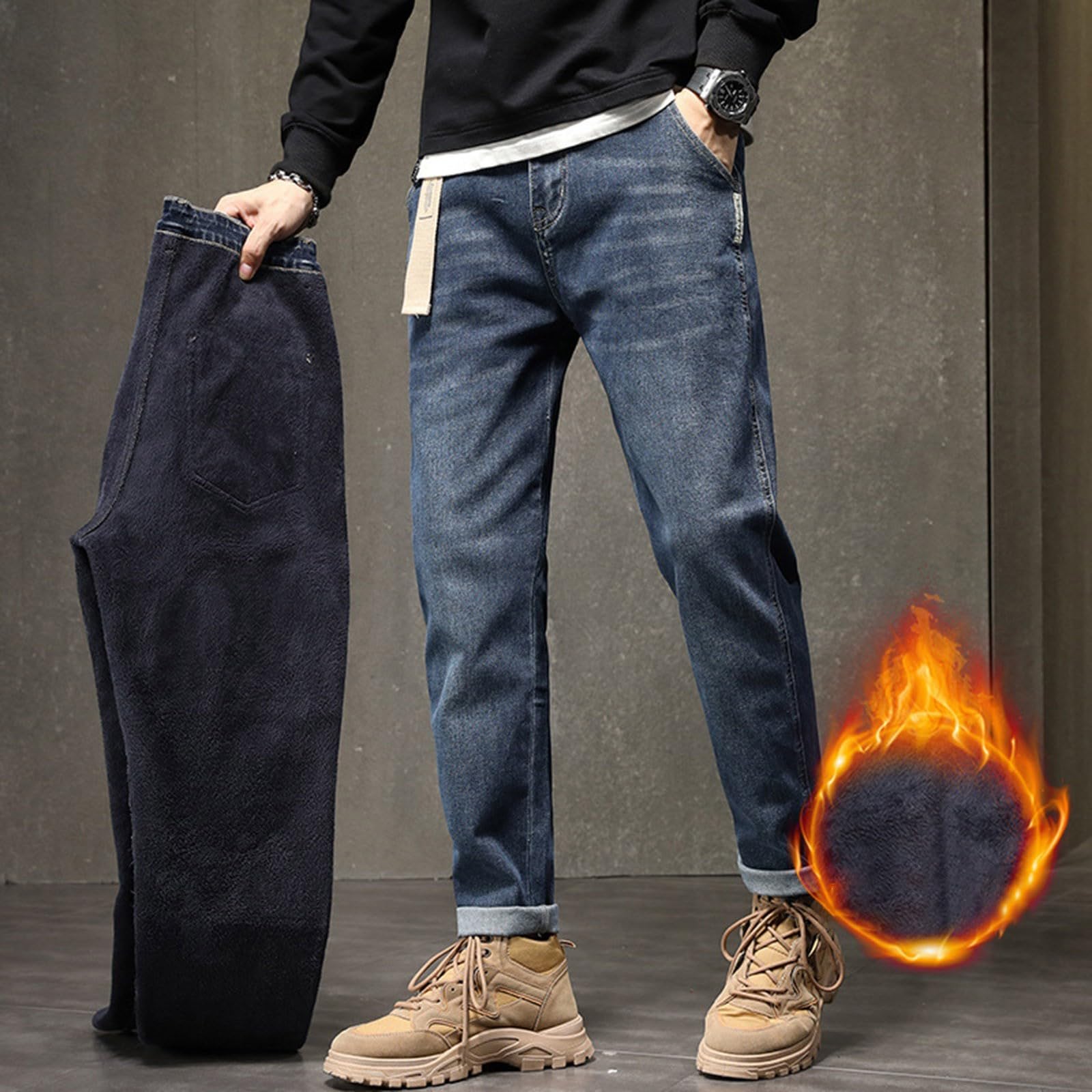 Pantalones térmicos para Hombre, Pantalones Nieve, Forro Polar Peluche, Pantalones Invierno con Forro cálido, Pantalones Vaqueros térmicos Felpa Pierna Recta