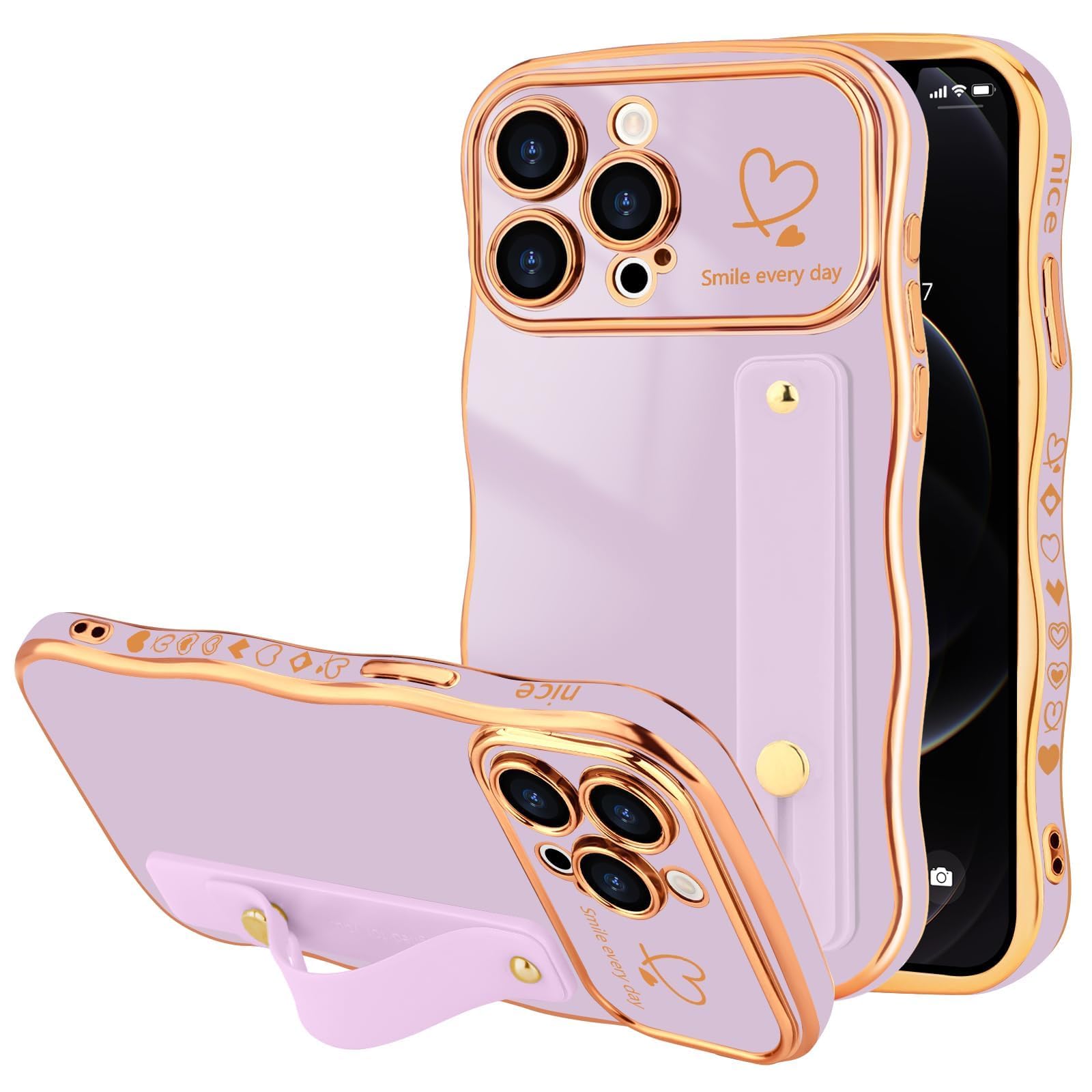 LLZ.COQUE for iPhone 12 Pro Max Case for Women Girls with Strap, Wave Frame Cute Love-Heart Plating Luxury Cover, Raised Full Camera Soft TPU
