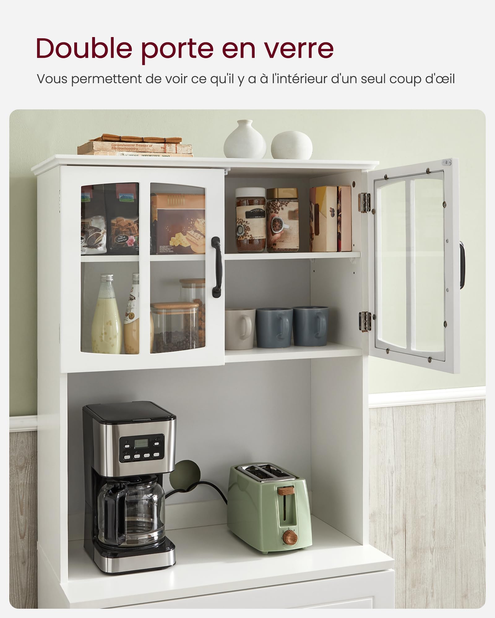VASAGLE Buffet Haut Cuisine, Meuble de Rangement, Garde-Manger, Vaisselier, avec Portes en Verre et Étagères Réglables, Trou de Passage des Câbles, pour Micro-Ondes, Style Moderne, Blanc LSC361W21