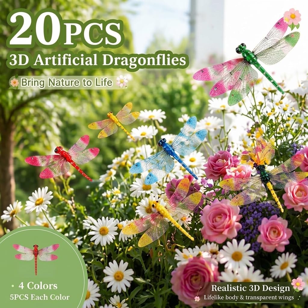 Healifty 20PCS 3D Colorful Artificial Dragonflies, Plastic Fake Realistic Dragonflies for Garden, Outdoor, Window & Curtain Decor, Colorful Decorative Bugs Repellent Decoy (Red Blue Yellow Green)