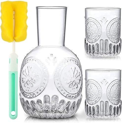 Juego de jarra de agua y vidrio vintage para mesita de noche de dormitorio botella de enjuague bucal de vidrio para baño y habitación de invitados