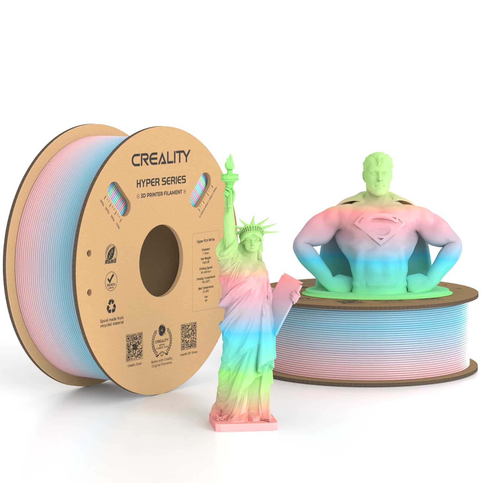 Creality Hyper PLA Rainbow Filamento 1.75 mm 2 KG per Stampante 3D, per stampa ad alta velocità 30-600 mm/s, Precisione Dimensionale +/-0.03 mm, 1 KG/Bobina (Arcobaleno-Gradiente Lago)