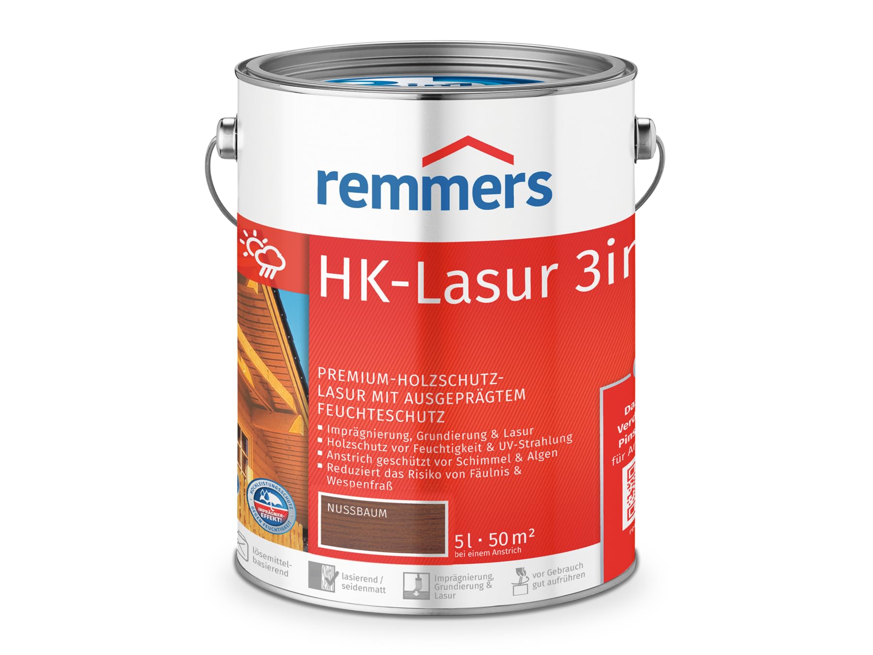 Remmers HK-Lasur 3in1 nussbaum, 5 Liter, Holzlasur aussen, 3facher Holzschutz mit Imprägnierung + Grundierung + Lasur, Feuchtigkeit- und UV-Schutz