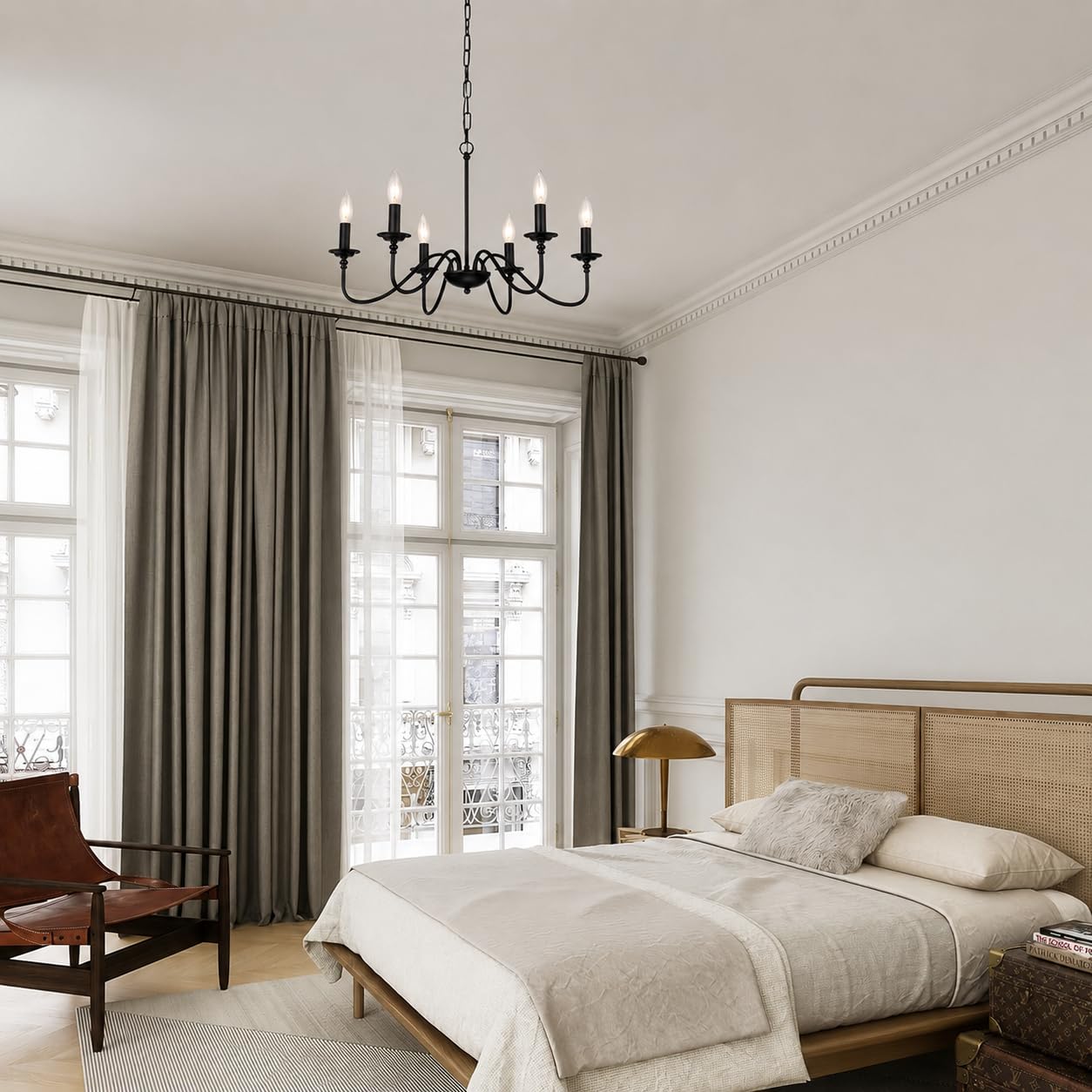 Alighting Kronleuchter Schwarz 6 Flammig, Vintage Landhaus Lüster | Höhenverstellbare Pendelleuchte Kerzen Design für Esszimmer Wohnzimmer Küche Schlafzimmer, E14(Ohne Leuchtmittel)