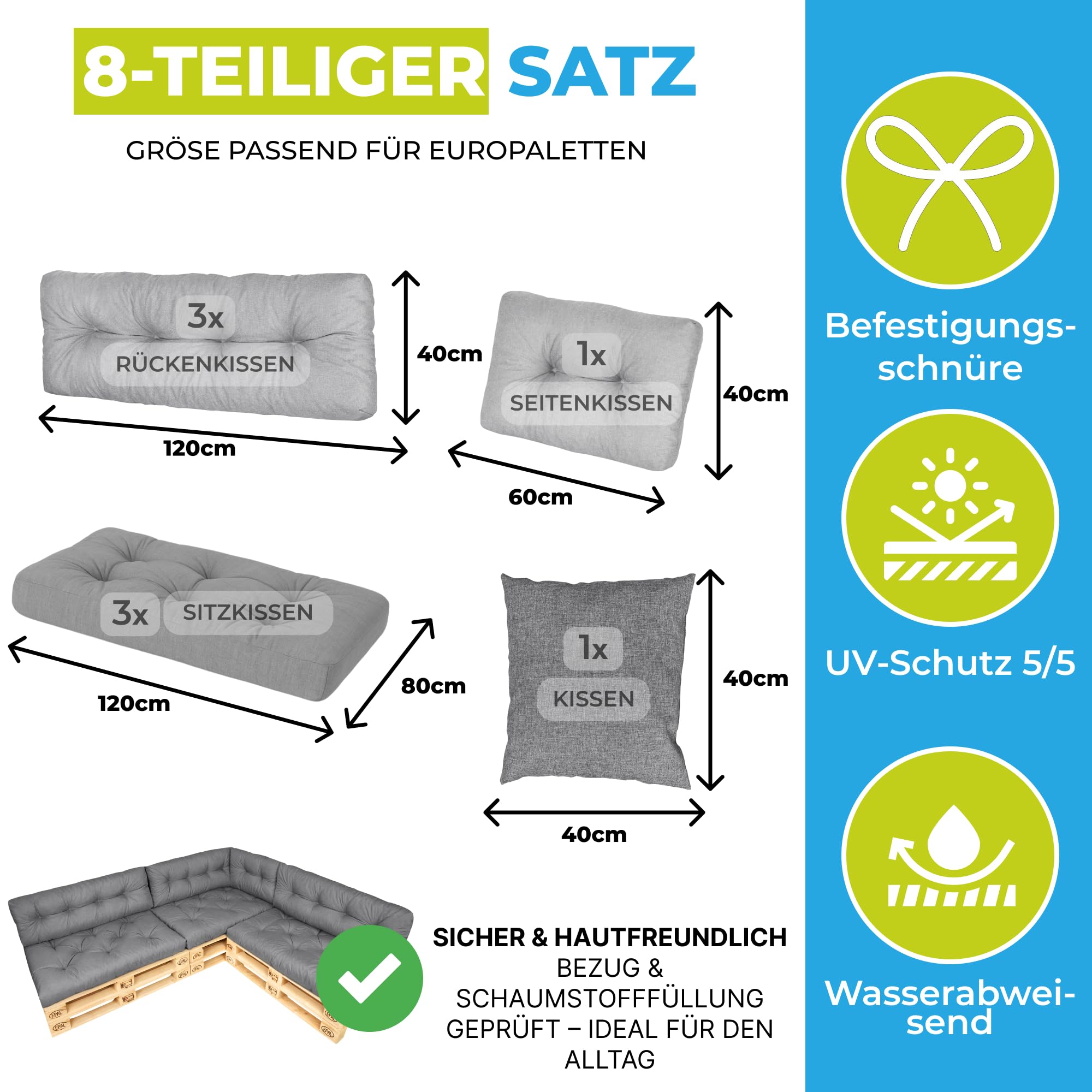 Palettenkissen – 8-teiliges Set | Palettenauflage für Palettensofa | Sitz- und Rückenkissen für Europaletten | Palettenmöbel Indoor & Outdoor, UV-beständig | Made in EU | Dunkelgrau