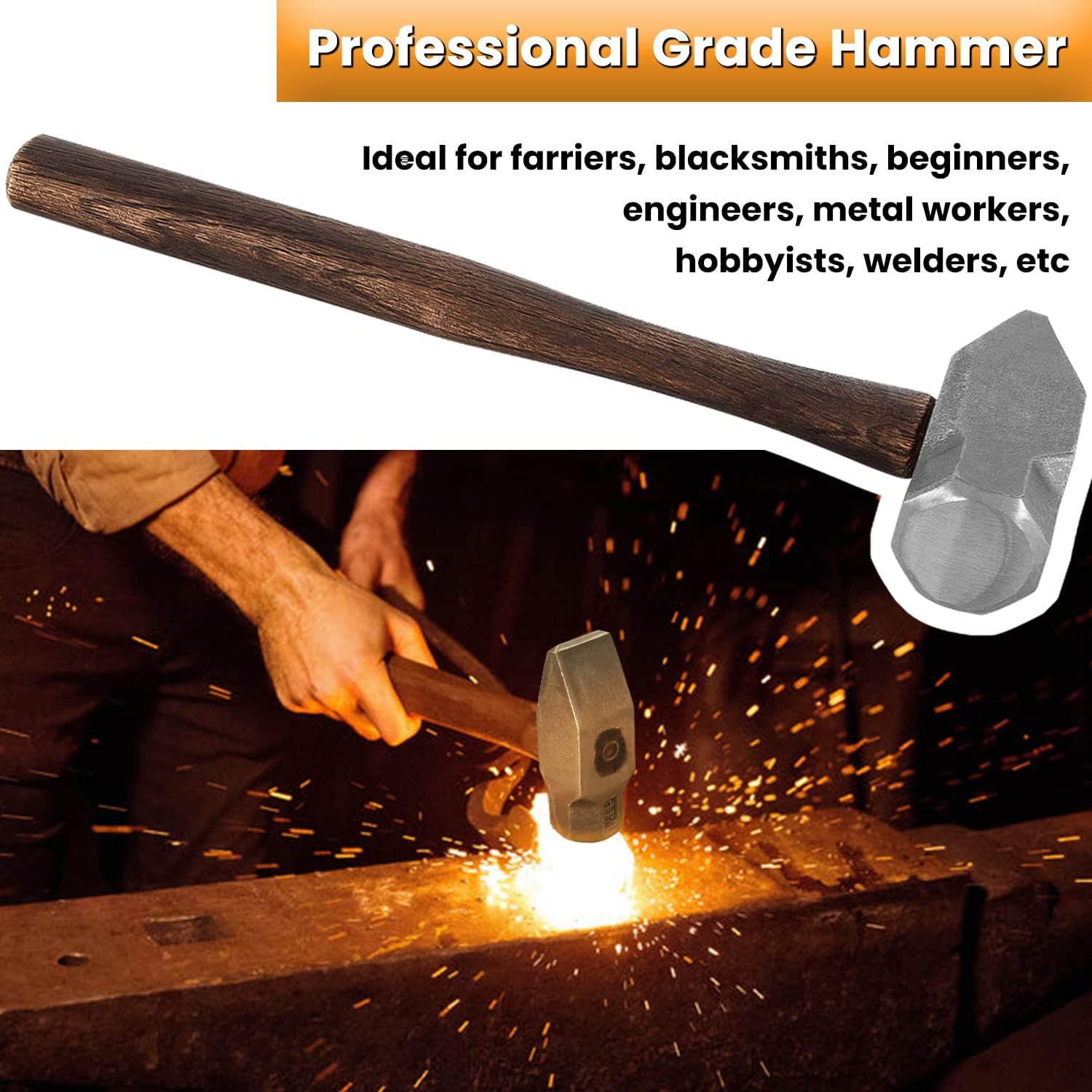 4 lb Blacksmith Hammer Cross Peen Bladesmith Engineer Drilling Hammer Handmade Knife Making Metal Working Forging Farrier Tool with Wooden Handle Steel Head