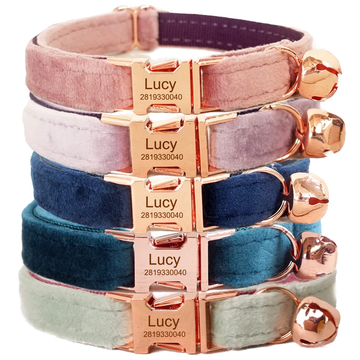 Collar para gato personalizado con etiqueta de nombre y número de teléfono grabado para gatito o cachorro (Velvet Rose Gold)