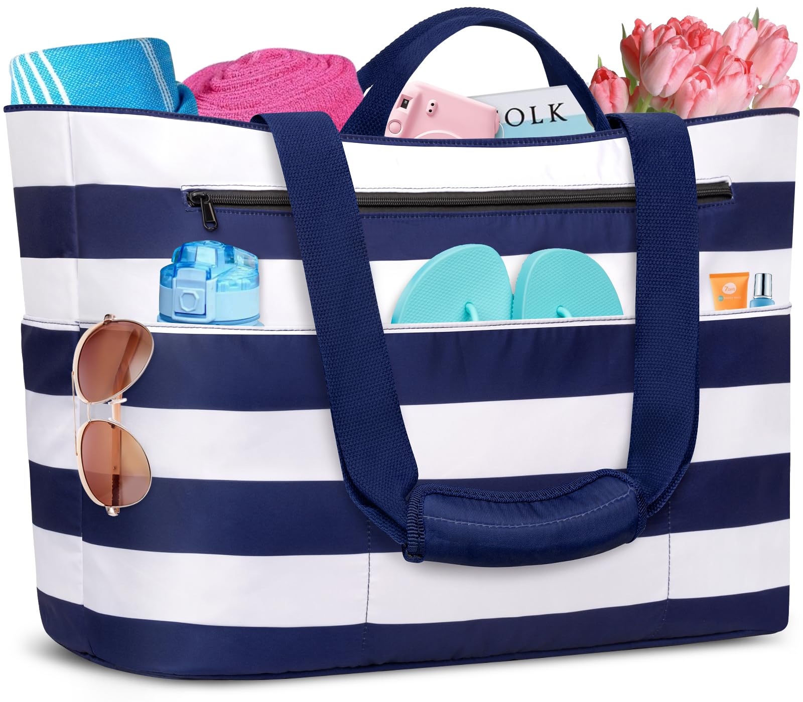 Bolsa de Playa Grande XXL con Cremallera Bolso Playa Familiar 50L Impermeable Bolso de Viaje Mujer Plegable Beach Tote Bag con 14 Bolsillos Shopper para Piscina Picnic Gimnasio (Azul Rayas)