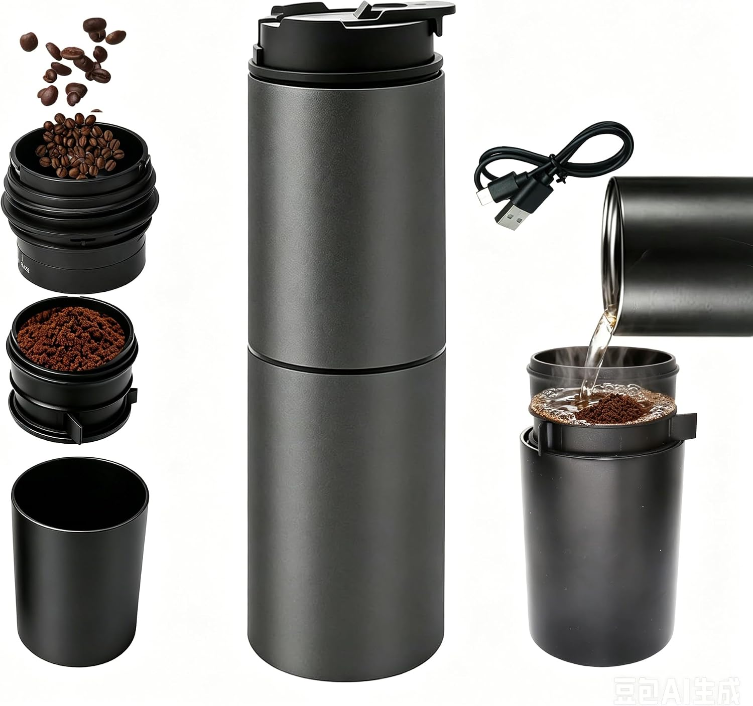 Portable Electric Grind&Brew Pour Over Coffee Maker,All-in-One:Double-Wall SS Tumbler,Stainless Drip Kettle,Permanent Stainless Filter Dripper&Built-in Grinder for Travel,Camping,Office