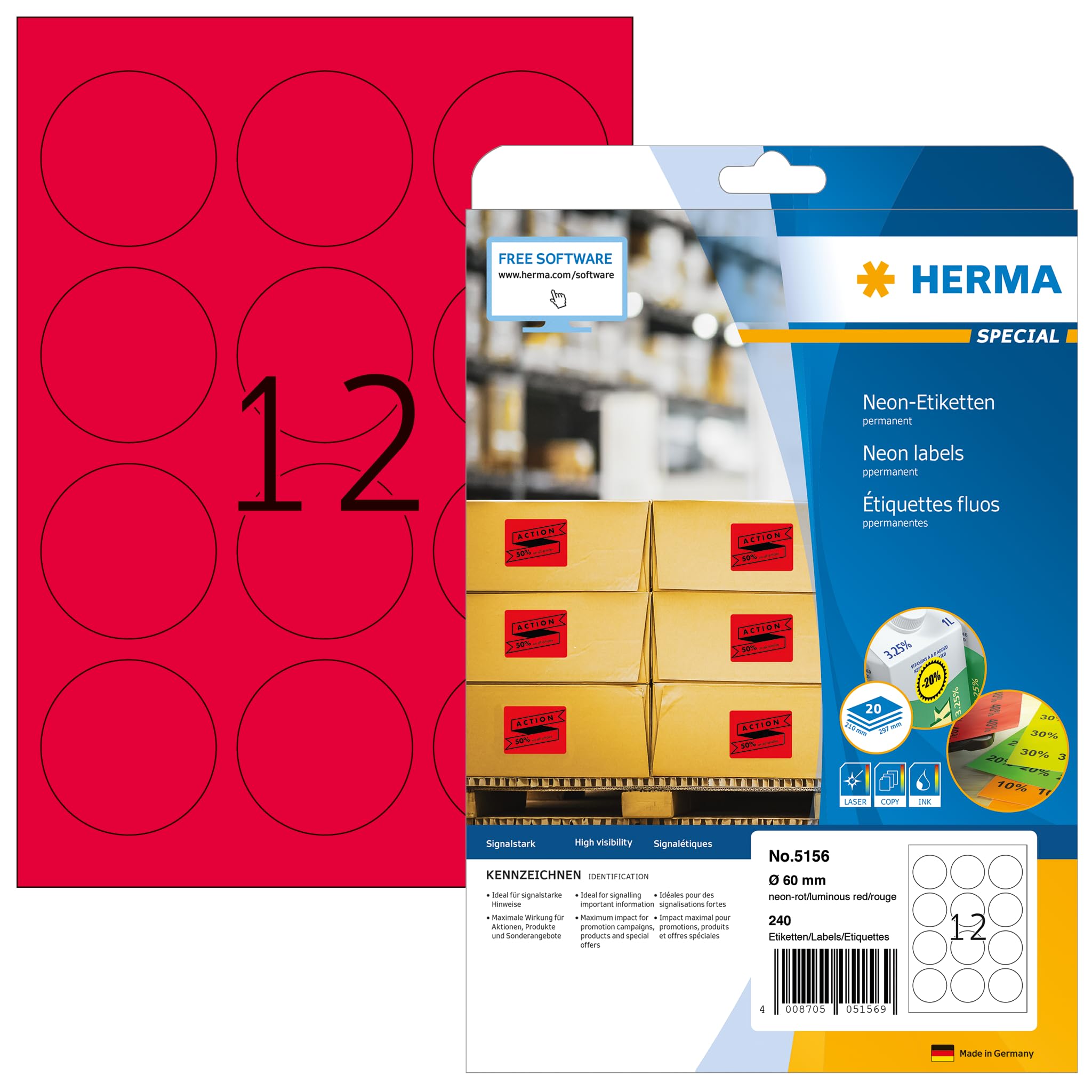 HERMA Self Adhesive Coloured Round Labels, 12 Labels per A4 Sheet, 20 Sheets, Ø 60 mm, 240 Labels, Blank Colour Labels Stickers, Sticky Dots for Laser & Inkjet Printer, Neon Red