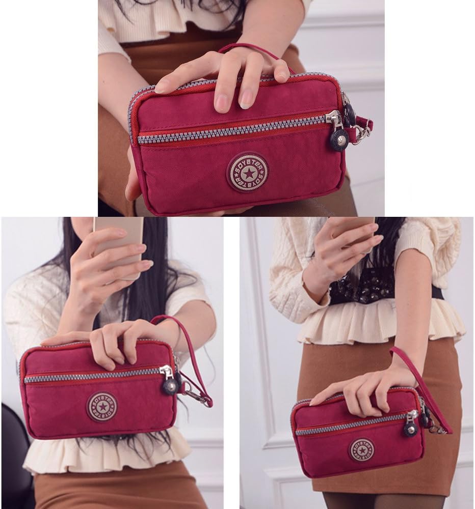 Teeya Dual Layers Zipper Purse Waterproof Nylon Wristlet Bag Clutch Handbag Cell Phone Pouch Card Money Wallet