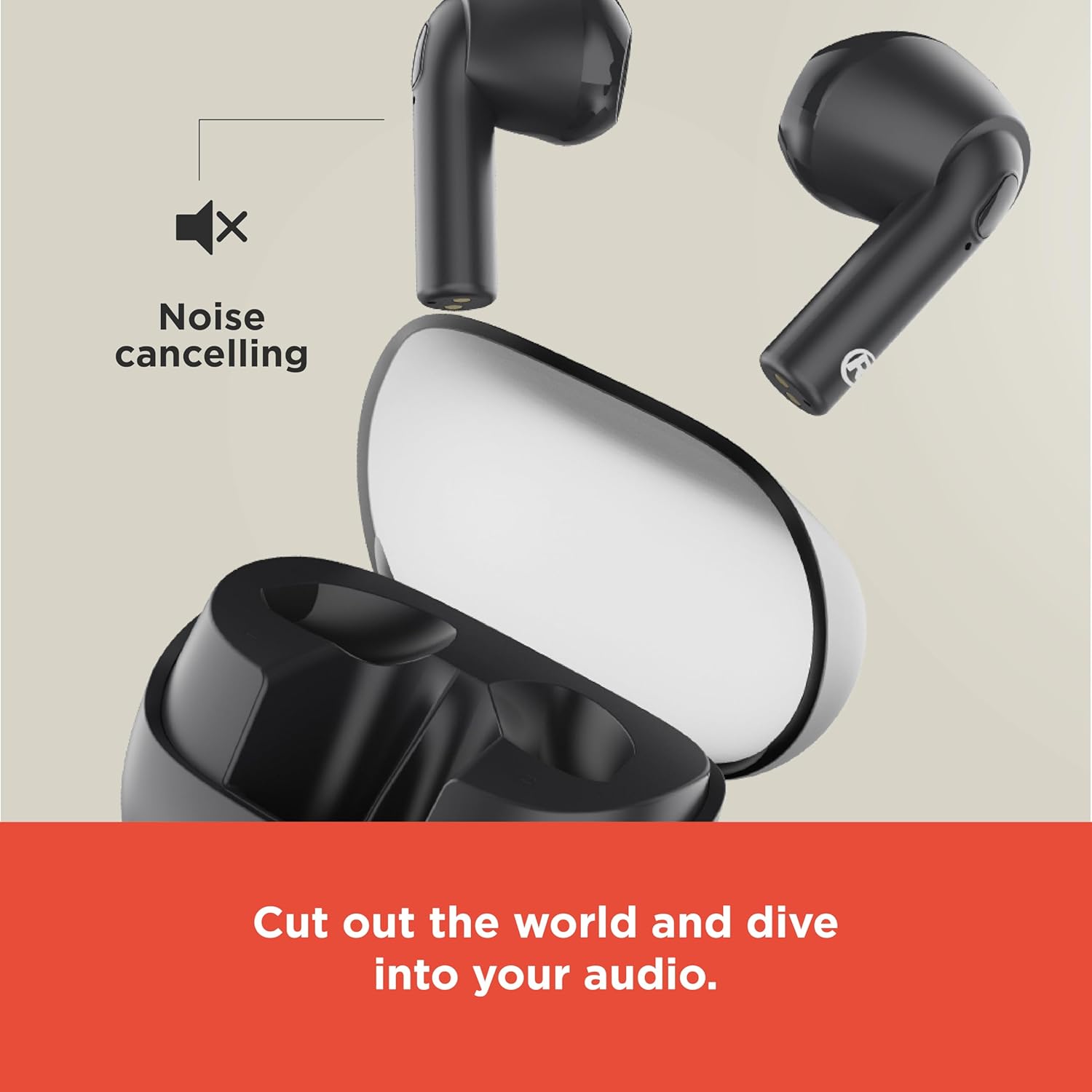 Noise cancelling icon with two earbuds floating above an open charging case