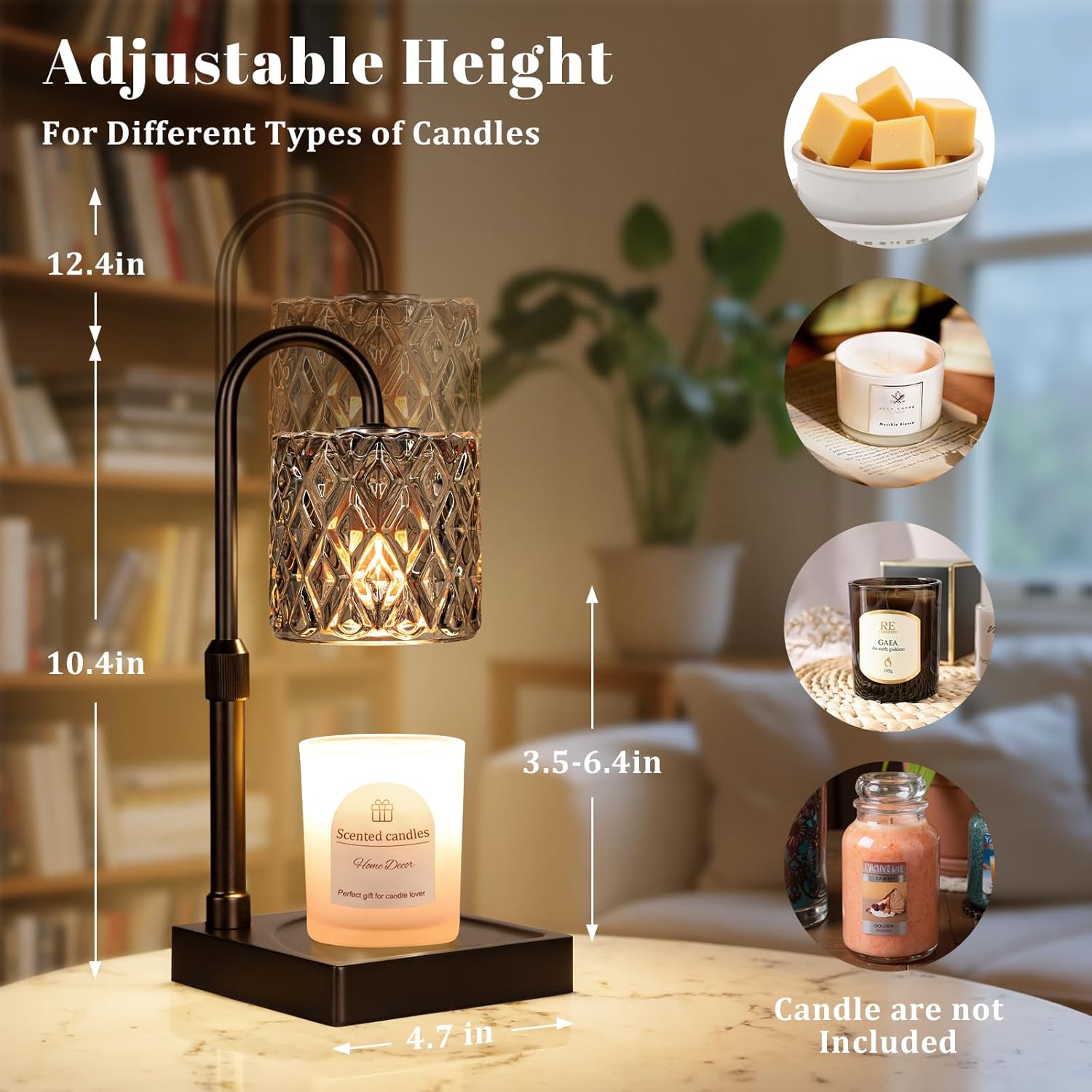 Hong-in Dark Grey Candle Warmer Lamp with Timer -Dimmable Adjustable Height Wax Melt Warmer for Jar Candles,Vintage Home Decor with Elegant Clear Glass,Birthday Gifts for Women, Mom, Friend, Sister - Image 4