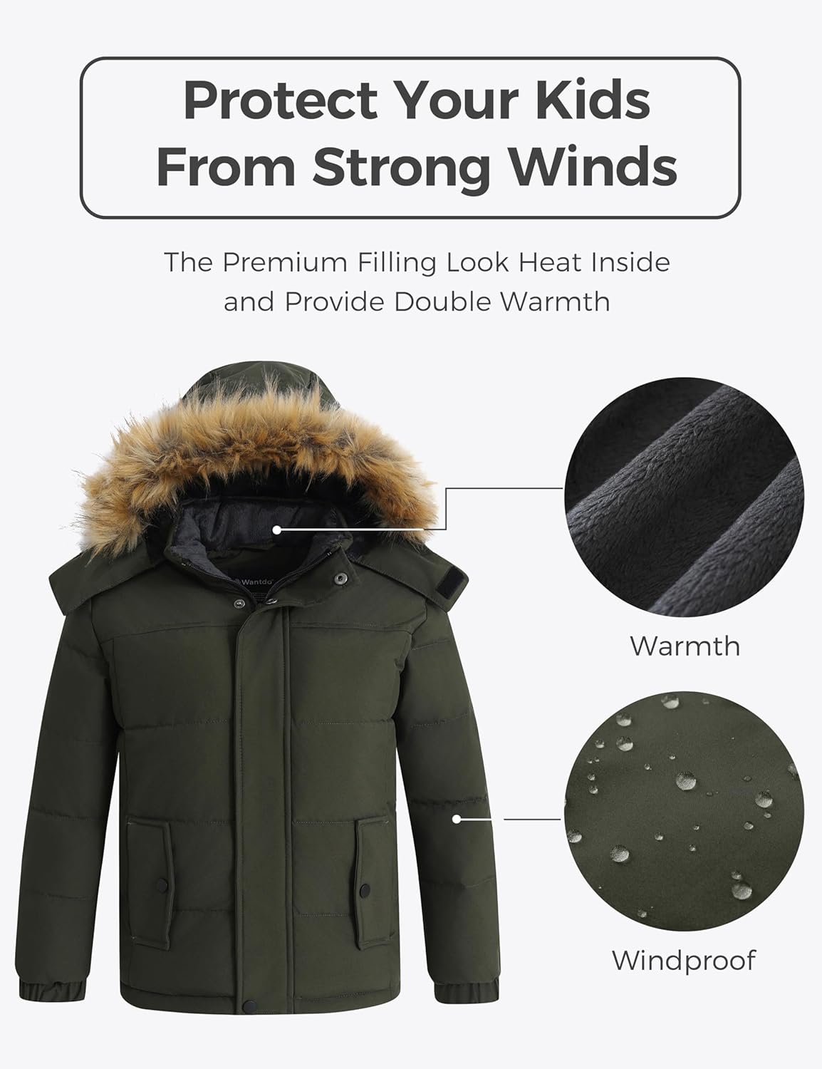 Wantdo Boy's Warm Winter Coat Waterproof Thicken Puffer Jacket with Removable Fur Hood - Image 4