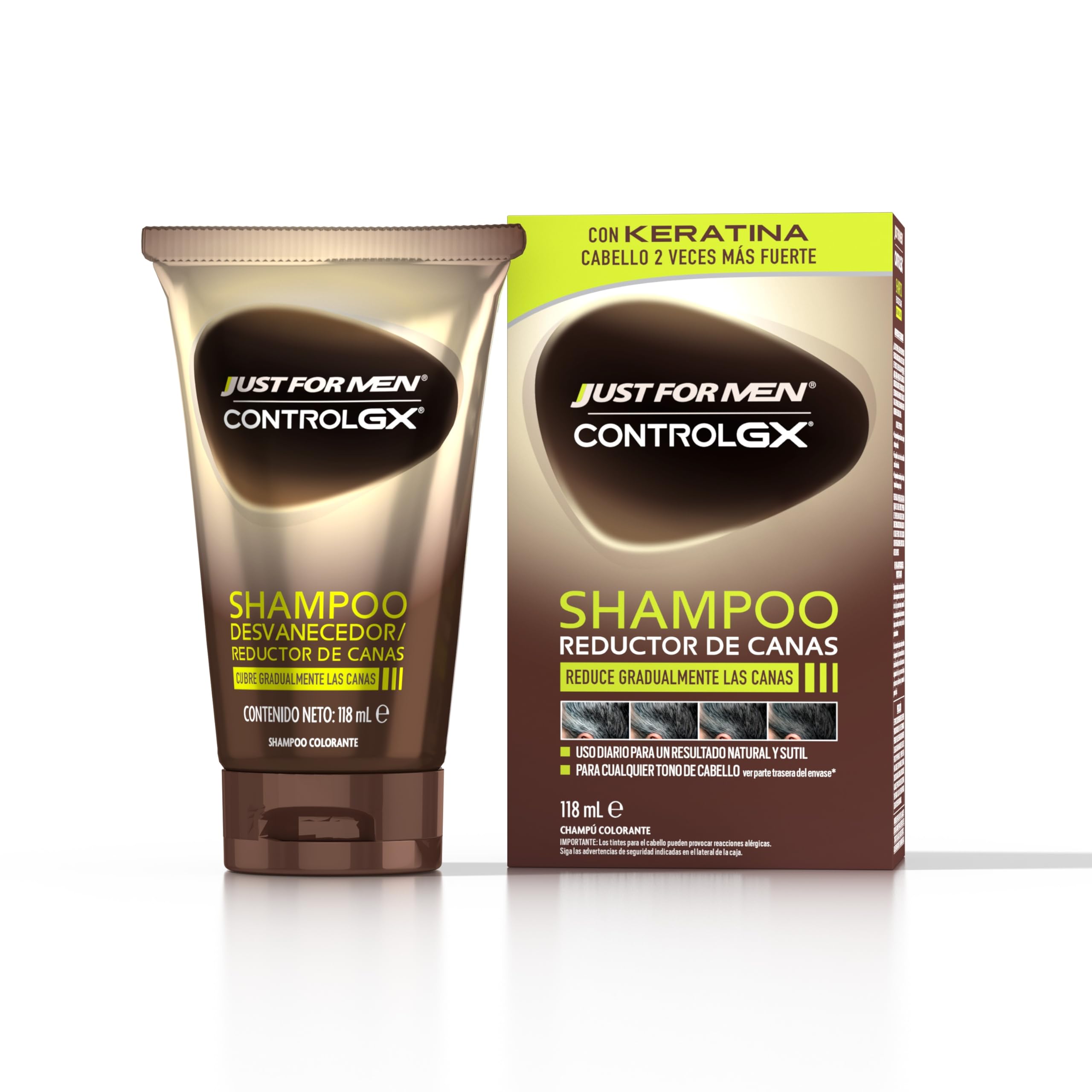 Just For Men Control GX Champú Reductor de Canas para Hombre, Reduce Las Canas Gradualmente en Cada Lavado, Con Keratina, Para Todos Los Tonos, 118ml. El envase puede variar.