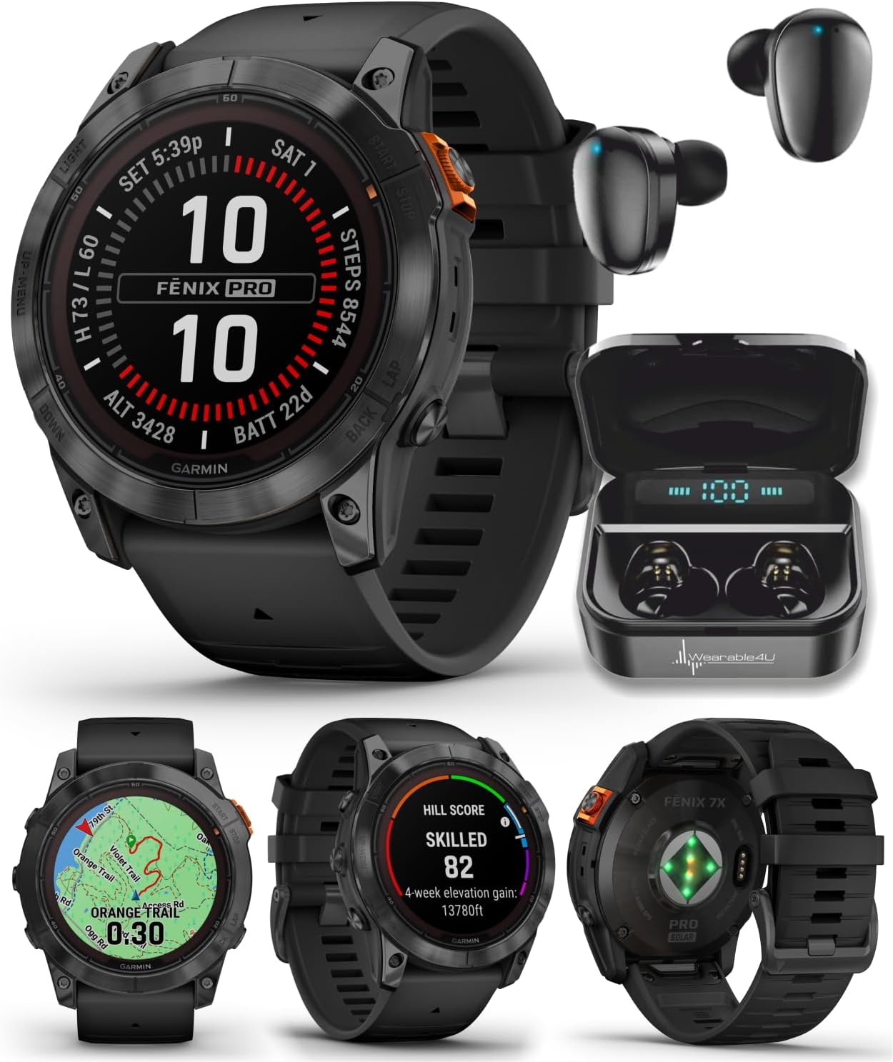 Garmin Fenix 7X Pro Solar Edition (No Wi-Fi) Smartwatch, Slate Gray with Black Band, 1.4" Display, Build-in Flashlight Black Earbuds Bundle