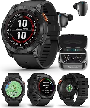 Garmin Fenix 7X Pro Solar Edition No Wi-Fi Smartwatch, Slate Gray with Black Band, 1.4" Display, Build-in Flashlight Black Earbuds Bundle