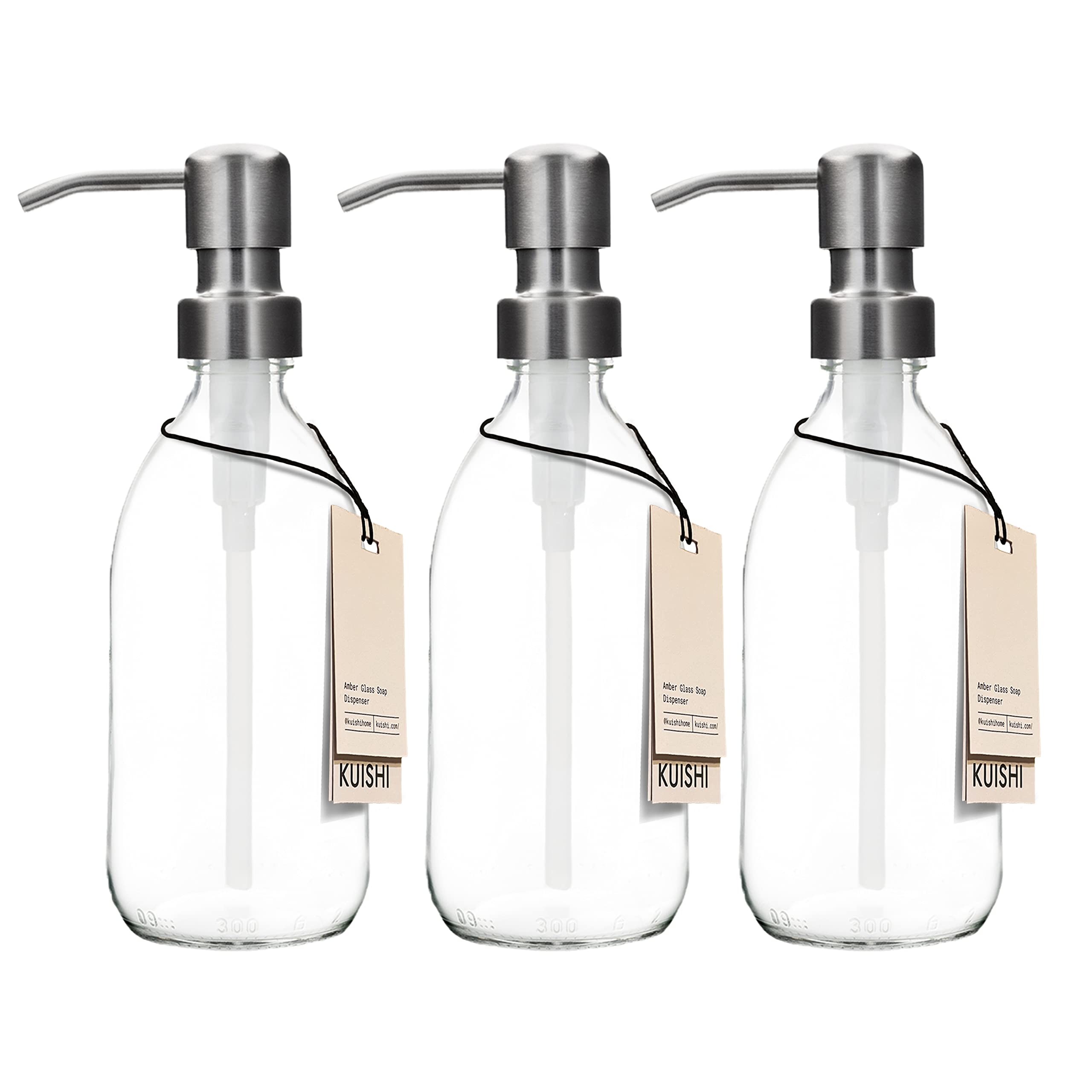 Kuishi Three Clear Glass Pump 300ml Flasche mit Edelstahl-Silberpumpe, umweltfreundlicher nachfüllbarer Seifenspender, stilvolle Badezimmerdekoration