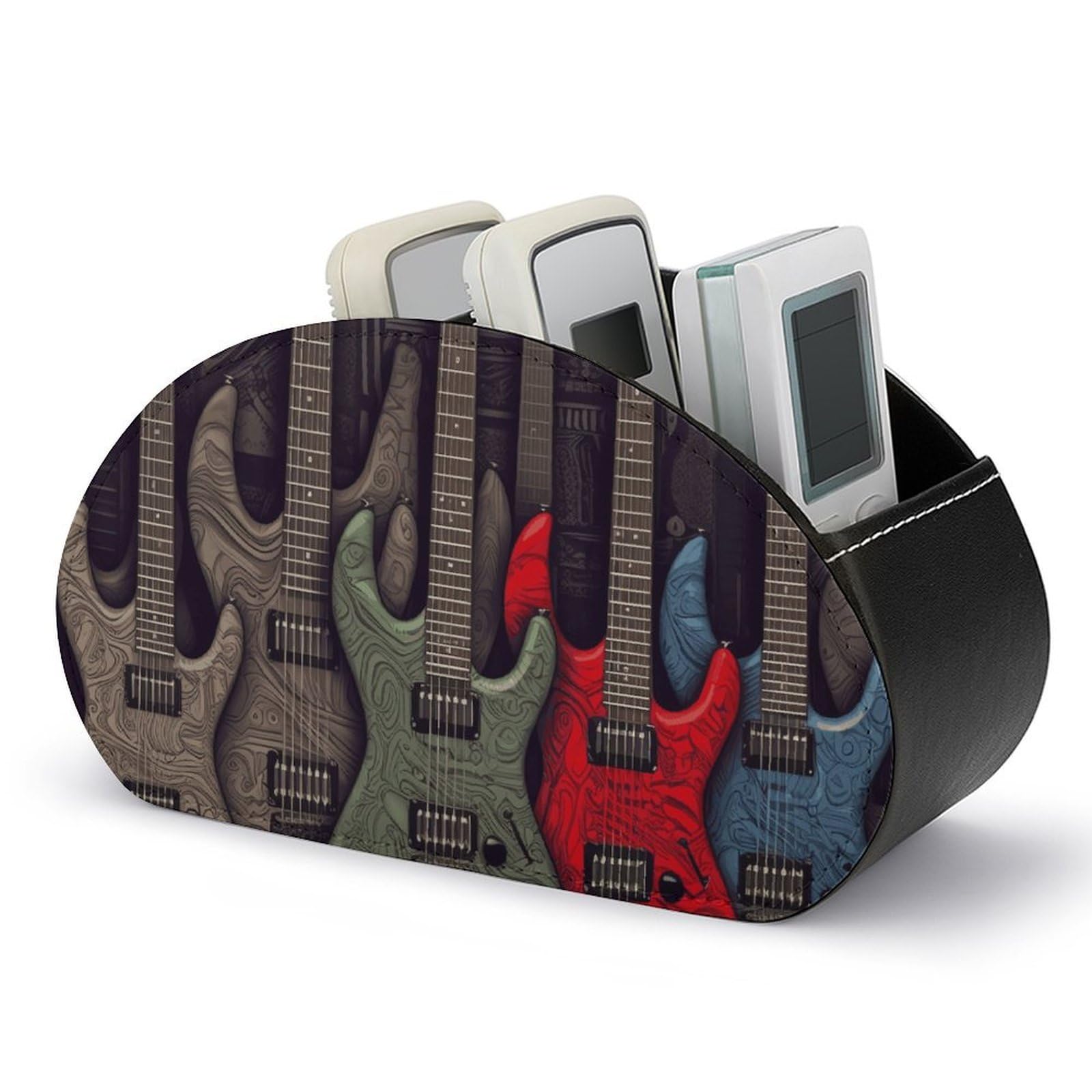 VstaDank Guitar Pattern Remote Control Holder with 5 Compartments PU Leather Remote Caddy Desktop Organizer Store TV Remote Control Storage Box for Home Office Desk Nightstand