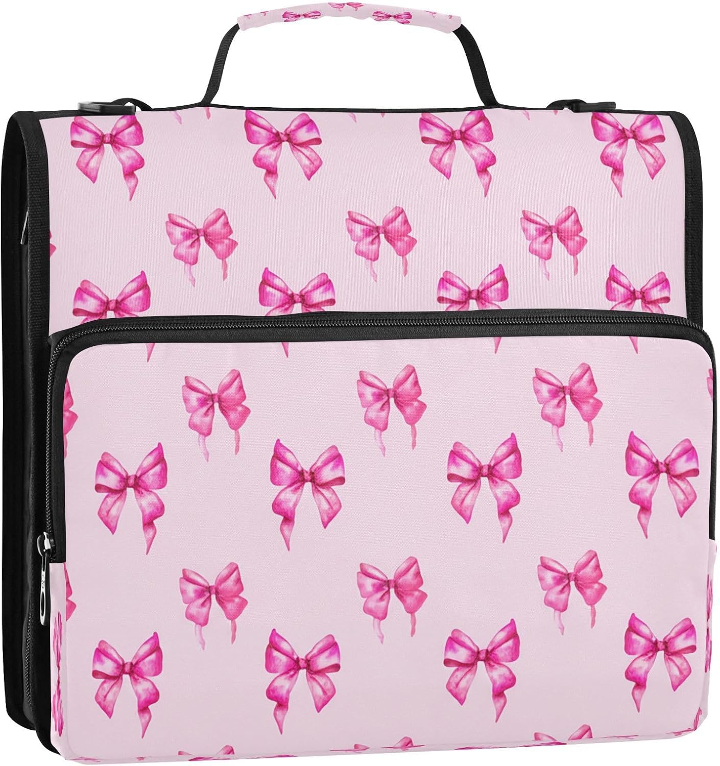 Bow Zipper Binder 1.5 inch 3 D-Ring Binder with Shoulder Strap Multiple Pockets Expanding File Folder for Office 500 Sheets Capacity