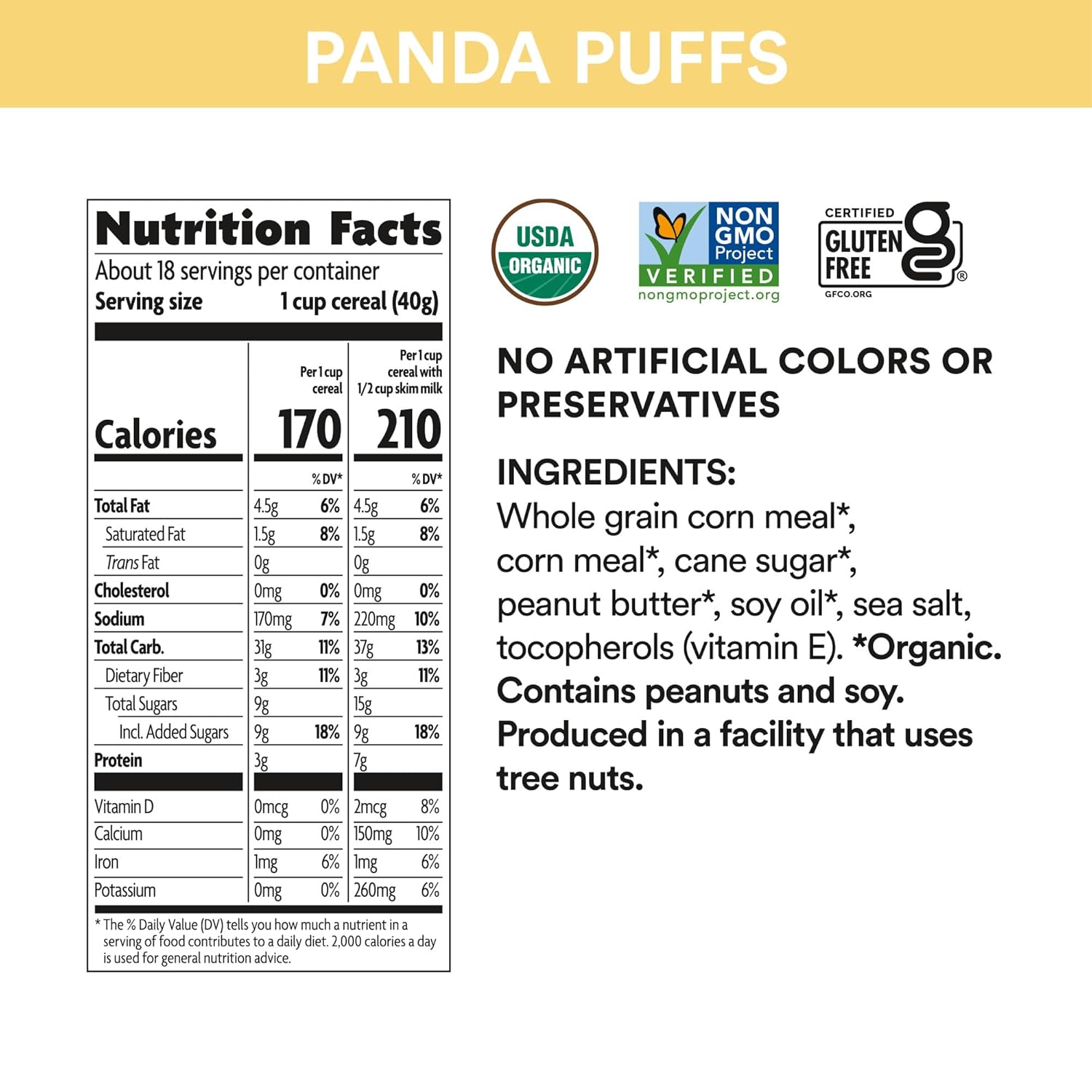 EnviroKidz Organic Panda Puffs Cereal, 25.6 oz (Pack of 4), Peanut Butter, Gluten Free, Non-GMO, by Nature's Path