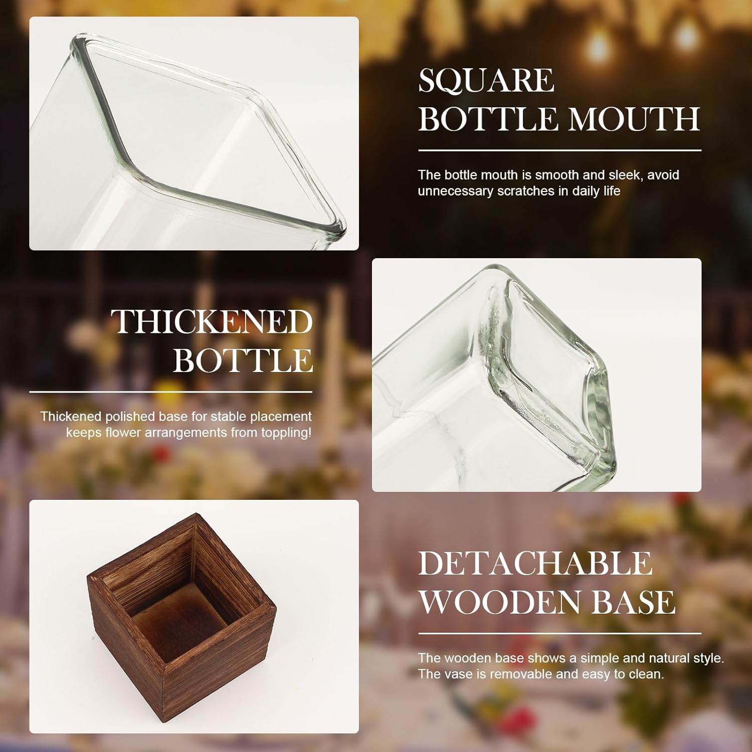 Artistic Square Wood Glass Vase,10 Inch Tall Flower Vases Bottles with Wooden Base,Boho Rustic Farmhouse Vase for Fireplace Living Room Kitchen Bedroom Wedding Centerpiece Table - Image 2