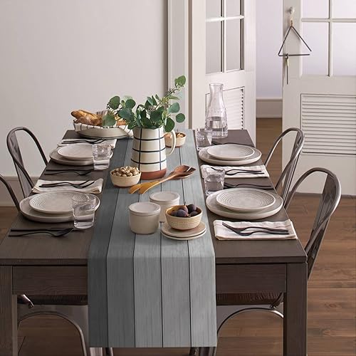 Miniatura 351 de Camino de mesa de algodón y lino estilo granja rústico retro, textura de madera de granero, color degradado marrón y gris, antideslizante,