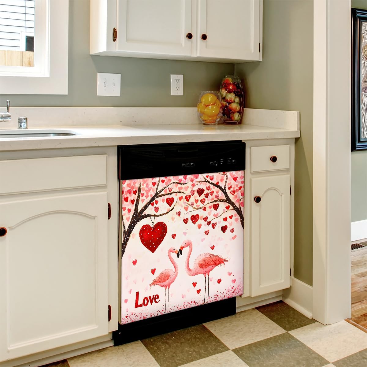 Valentine Heart Bird Dishwasher Magnet Cover, Scratch Resistant Trimmable Dishwasher Magnet Cover, for Kitchen Appliance Dishwashers Fridge Reusable Magnets Decoration 23 x 26 inch