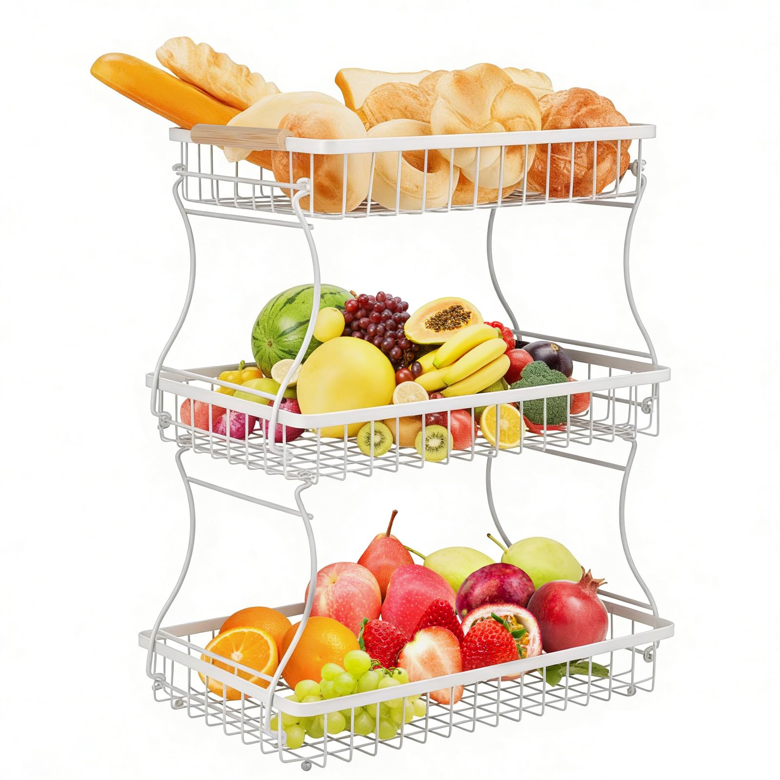 VINATO Portafrutta 3 Ripiani Metallo Fruttiera Moderna Maniglie Legno