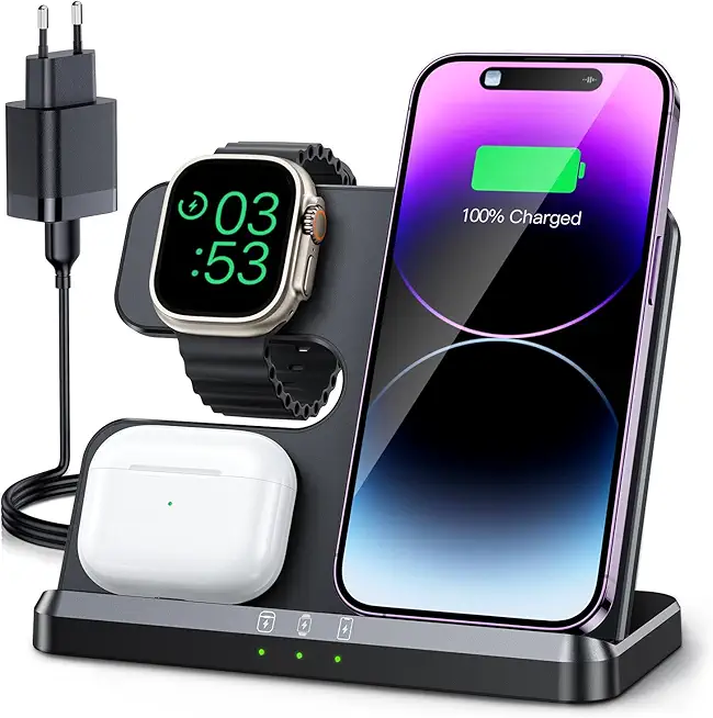 JARGOU 3 in 1 Kabelloses Ladegerät, Induktive Ladestation für Apple Watch und iPhone, Wireless Charger für iPhone 16 15 14 13 12 11 Pro Max, für Apple Watch 10/9/Ultra/8/7/6/SE/5/4/3/AirPods Pro 4 3 2