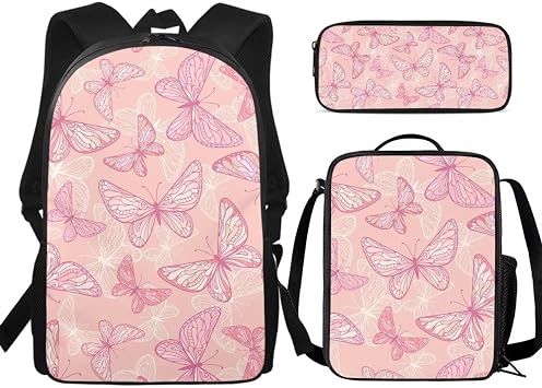 Butterfly Textured Pink Print Back to School Backpack Set 17x11x5in Bookbag with Lunch Box & Pencil Case, Trendy Backpack for Girls Boys Teens, Water-Resistant Lightweight College Work