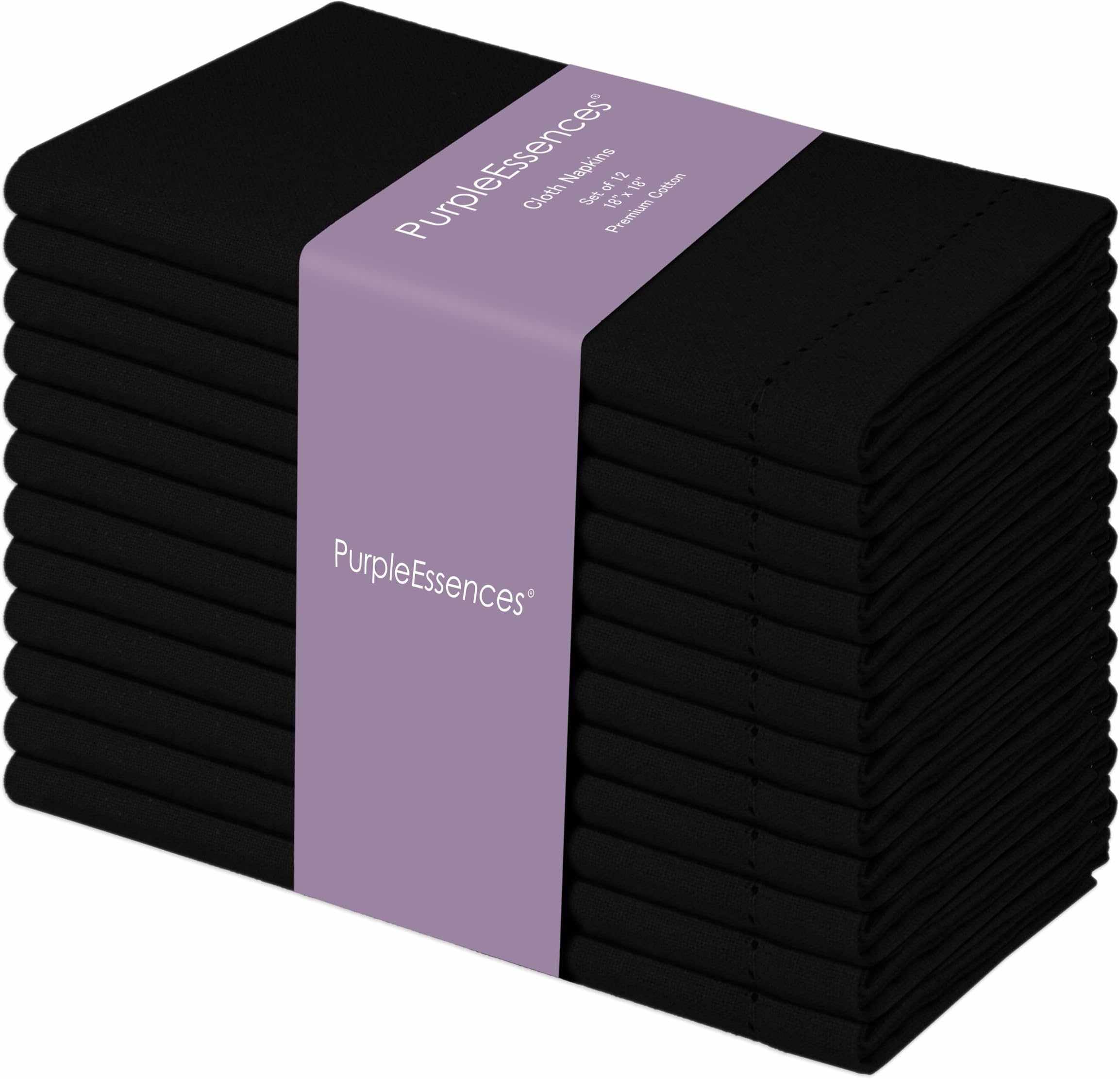 PurpleEssences Set of 12 Hemstitch Cloth Dinner Napkins 100% Cotton - Soft Durable Washable - Ideal for Wedding Spring Easter Summer - Perfect Everyday Use Table Linen 18x18 - Black