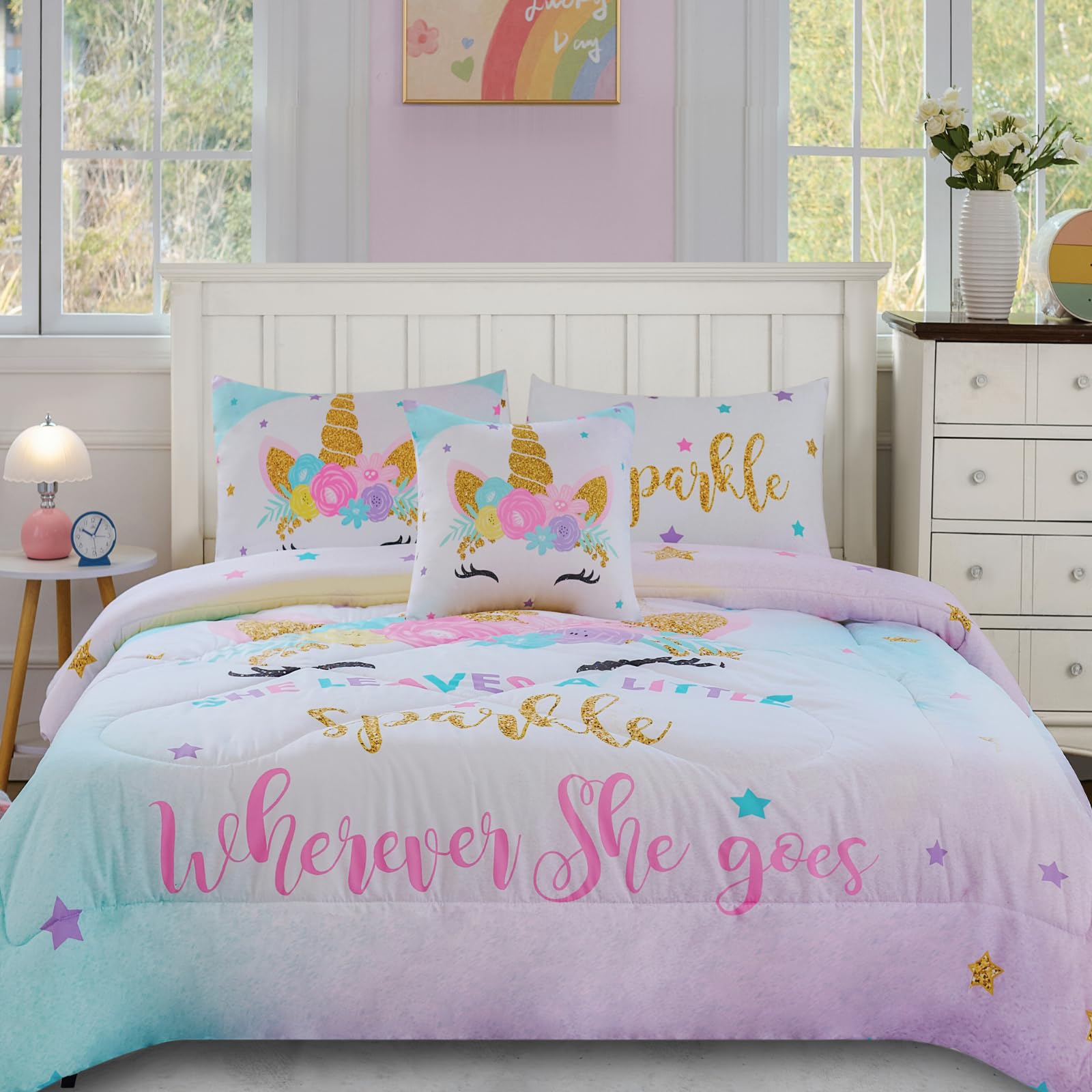 Cokouchyi Full Size Comforter Set for Girls, 6-Piece Bed in a Bag, 3D Colorful Unicorn Bedding Comforter Sheet Set, Ultra Soft and Fluffy, Pink & Rainbow Color