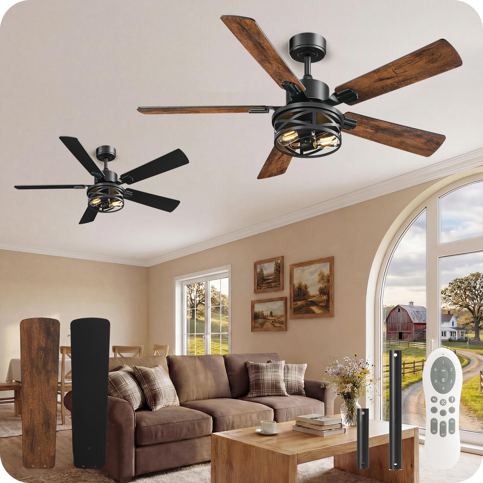 2 PACK 52 Inch Farmhouse Ceiling Fans with Lights and Remote, Timer, Dual Finish 5 Blades (Walnut and Black), 6 Speeds, Reversible DC Motor, Rustic &amp; Industrial Caged Ceiling Fan FB01CFP205