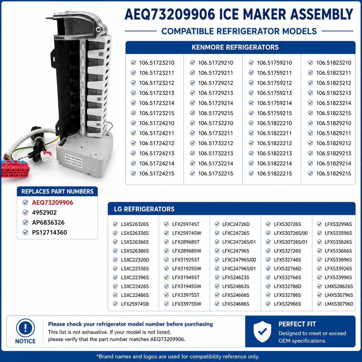 AEQ73209906 Refrigerator Ice Maker Assembly Replacement for LG and Kenmore