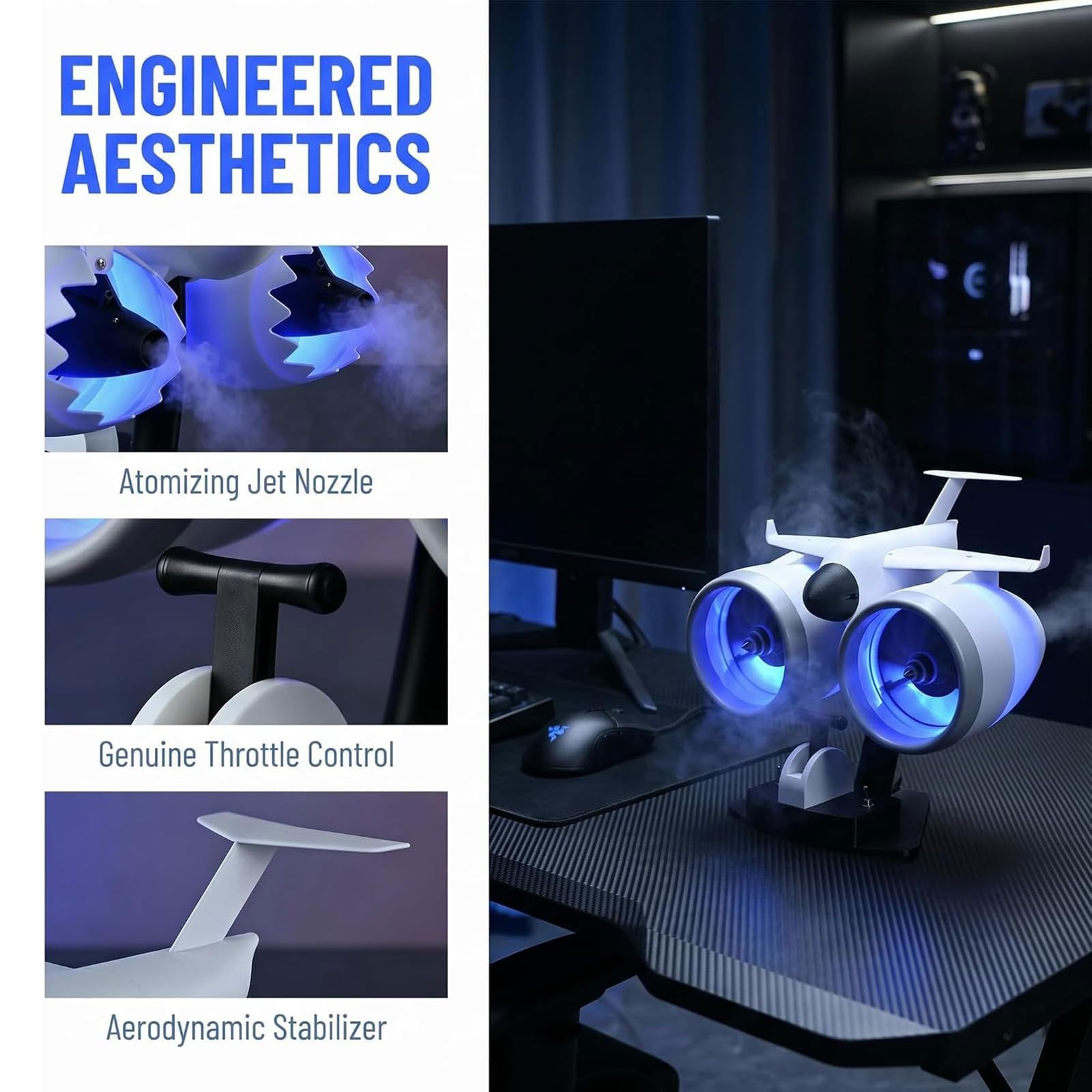 Zestaw modeli turbofanów z podwójnym silnikiem odrzutowym, wentylatorem | Wentylator stacjonarny silnikiem turbo samolotu, oświetlenie otoczenia LED, wentylator nawilżający i chłodzący(Red)