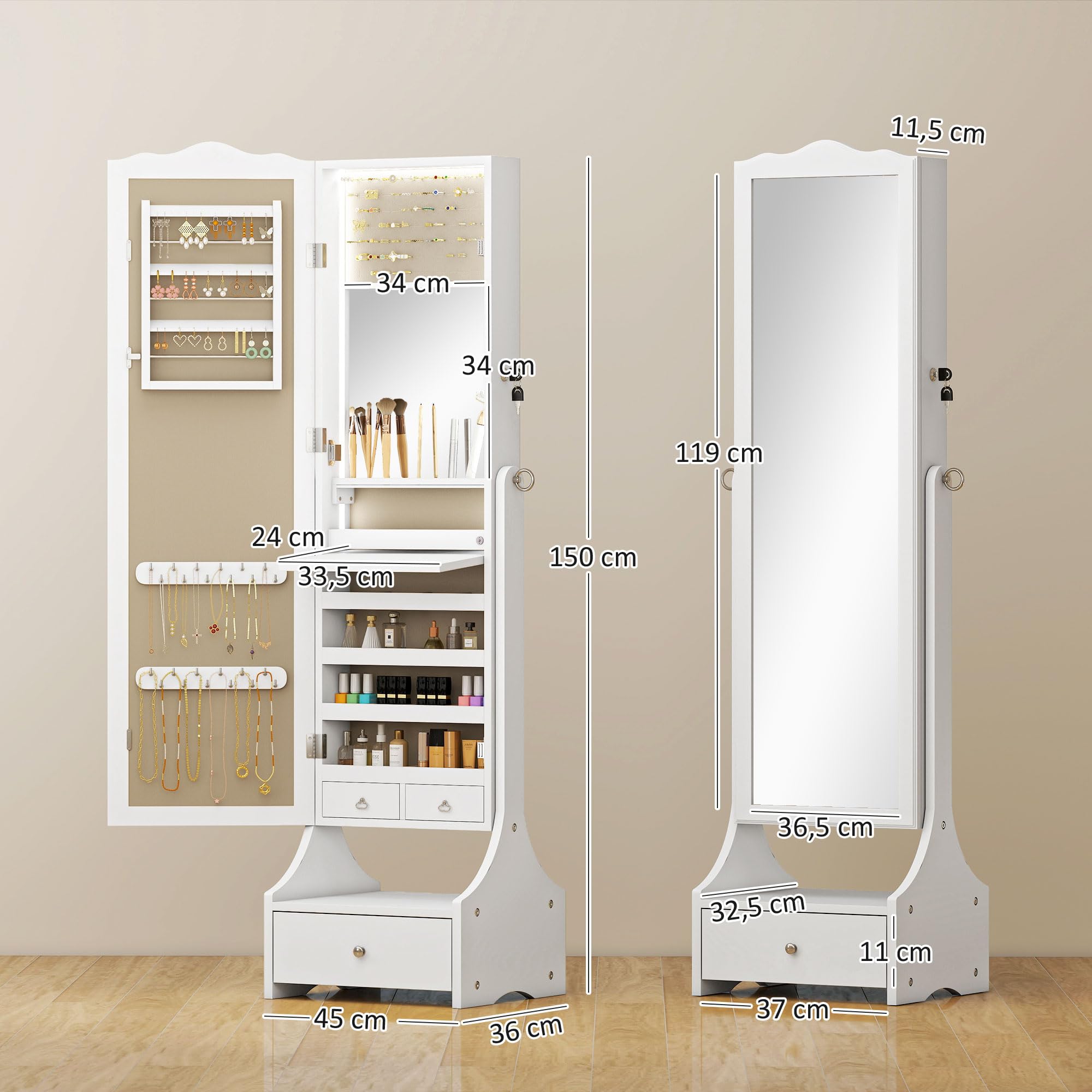 HOMCOM Armario Joyero con Espejo LED, Luces Apagado Automático, Blanco