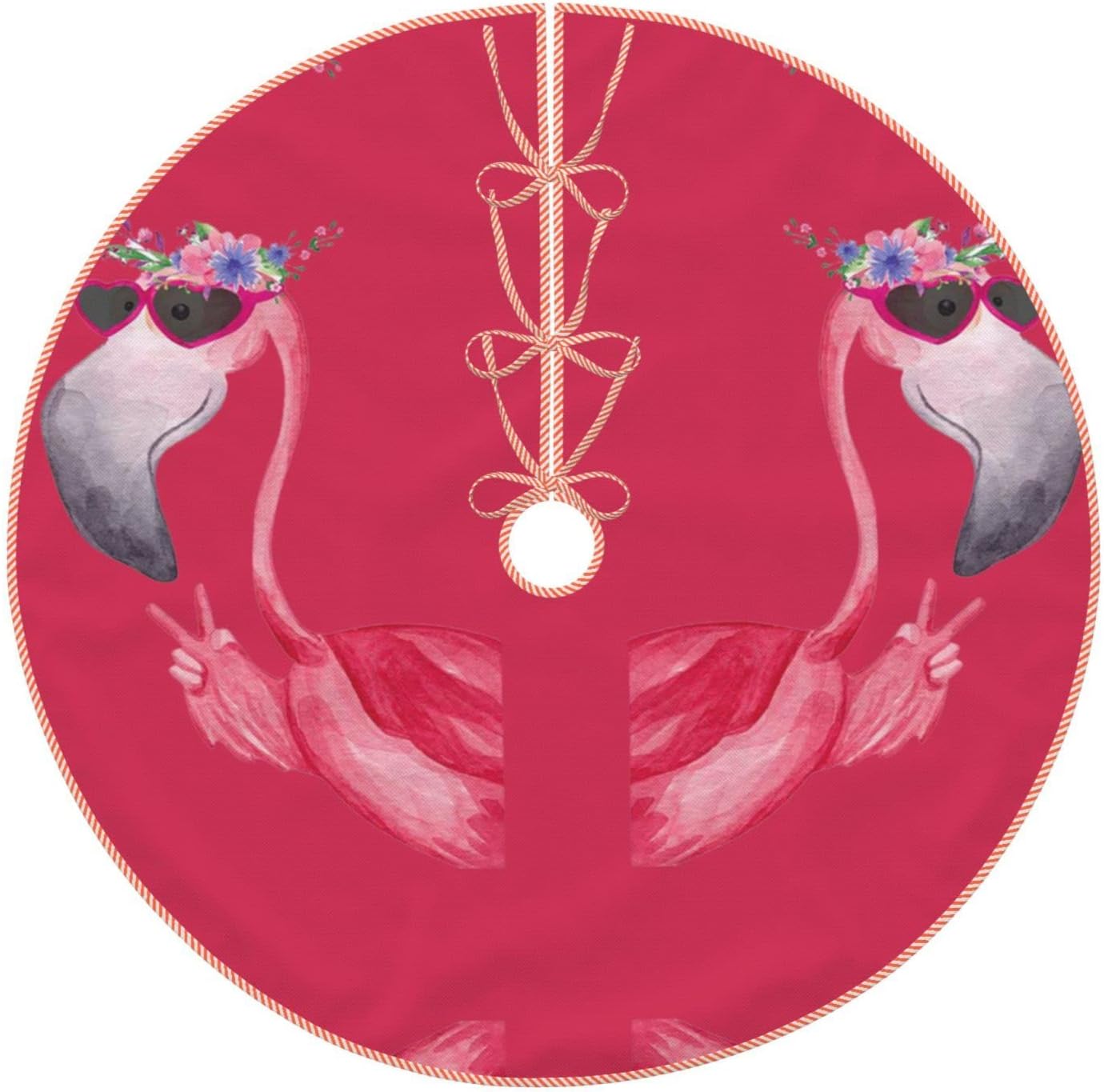 Hello Glasses Flamingo Print Imitation Hemp Christmas Tree Skirt Mat
