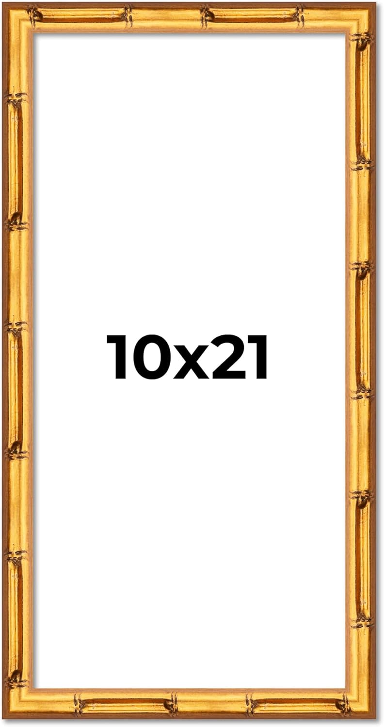 CountryArtHouse 10x21 Frame Gold Bamboo Solid Wood Picture Frame | Includes UV Acrylic Plexiglass, Acid Free Foam Backing Board and Hanging Hardware | 1 Inch Moulding Width