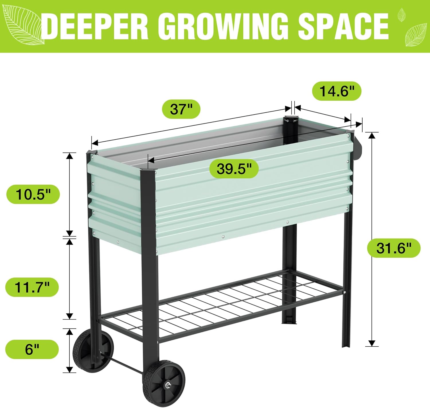 WORKPRO Galvanized Raised Garden Bed with Legs & Wheels, 37x14.6x31.6in, 400LB Capacity Elevated Planter Box for Garden, Backyard, Patio & Deck, Light Green
