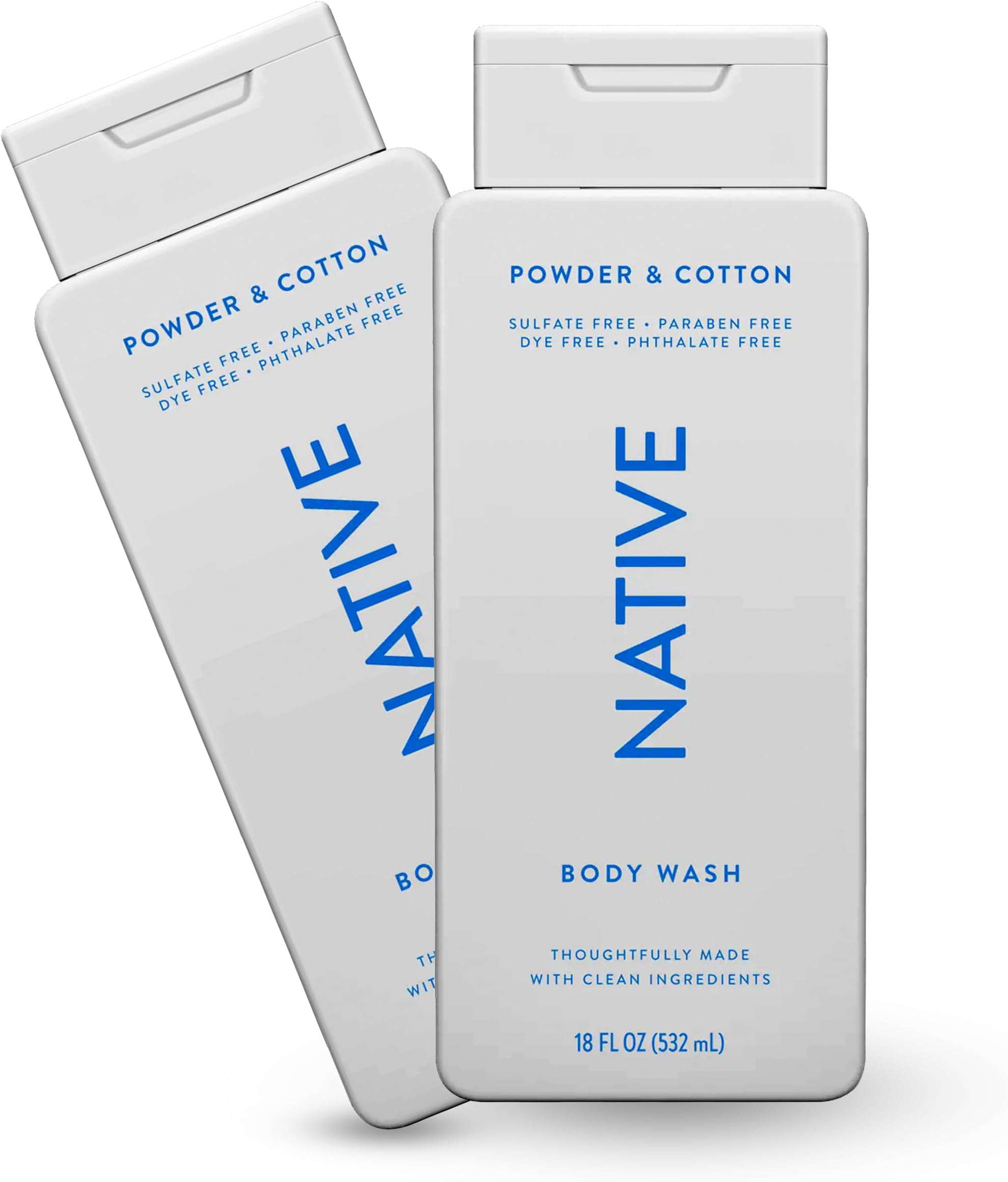 Native Body Wash Natural Body Wash for Women, Men | Sulfate Free, Paraben Free, Dye Free, with Naturally Derived Clean Ingredients Leaving Skin Soft and Hydrating, Powder & Cotton 18 oz - 2 Pk