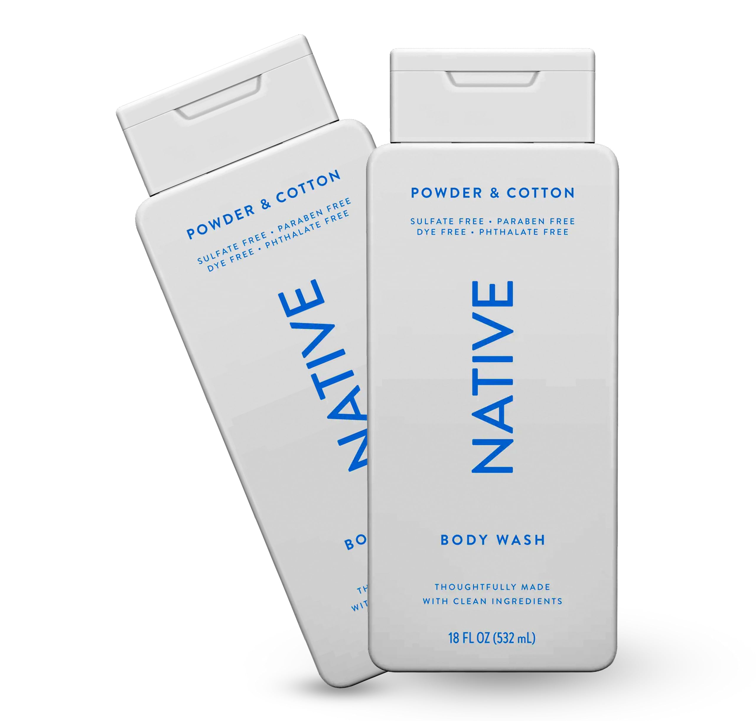Native Body Wash Natural Body Wash for Women, Men | Sulfate Free, Paraben Free, Dye Free, with Naturally Derived Clean Ingredients Leaving Skin Soft and Hydrating, Powder & Cotton 18 oz - 2 Pk