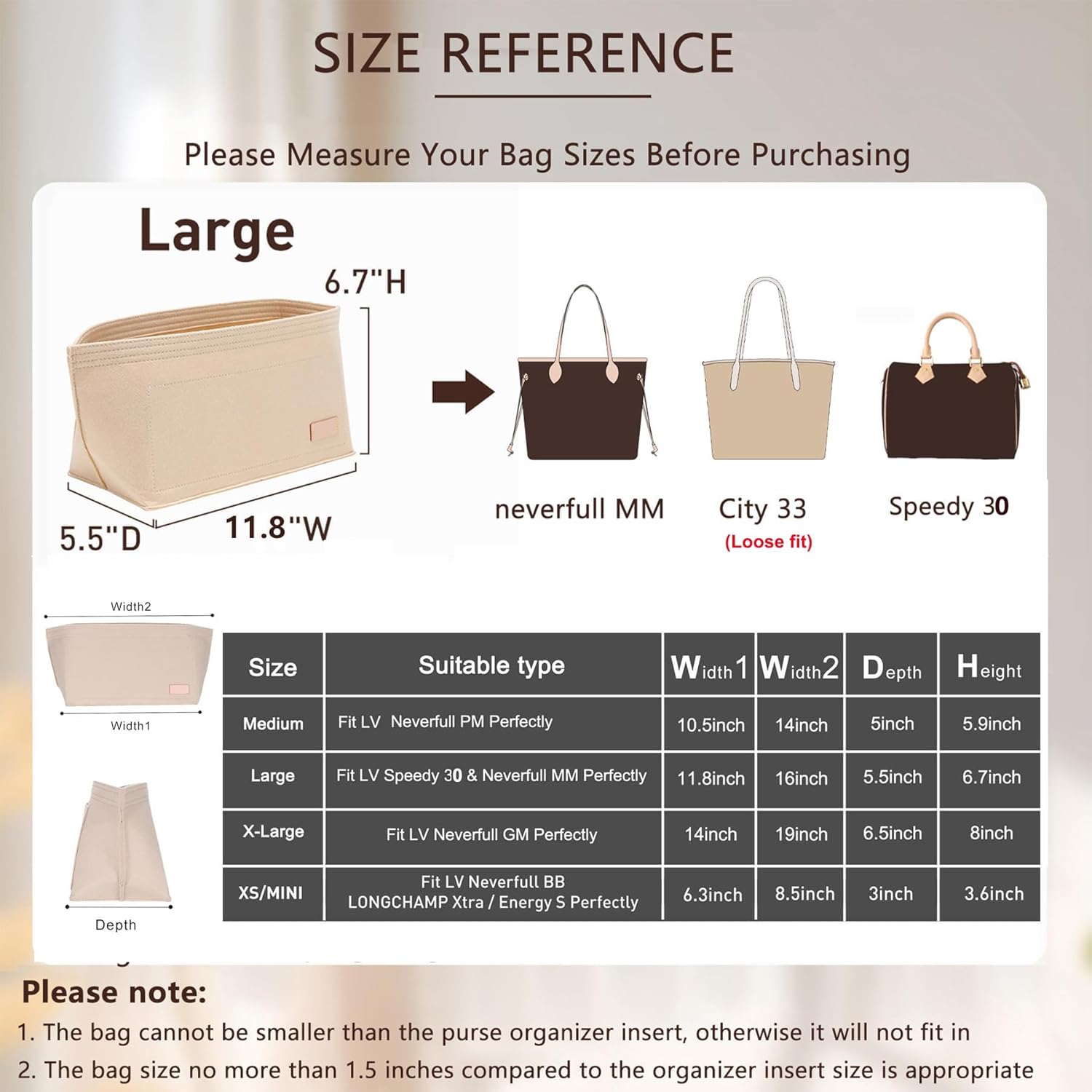 Tote Bag Organizer Insert with Base Shaper,Felt Purse Organizer Insert Compatible with lv Neverfull MM Organizer,C.oach City 33, Speedy 30 and More, Purse Divider for Bags,Beige/L - Image 2