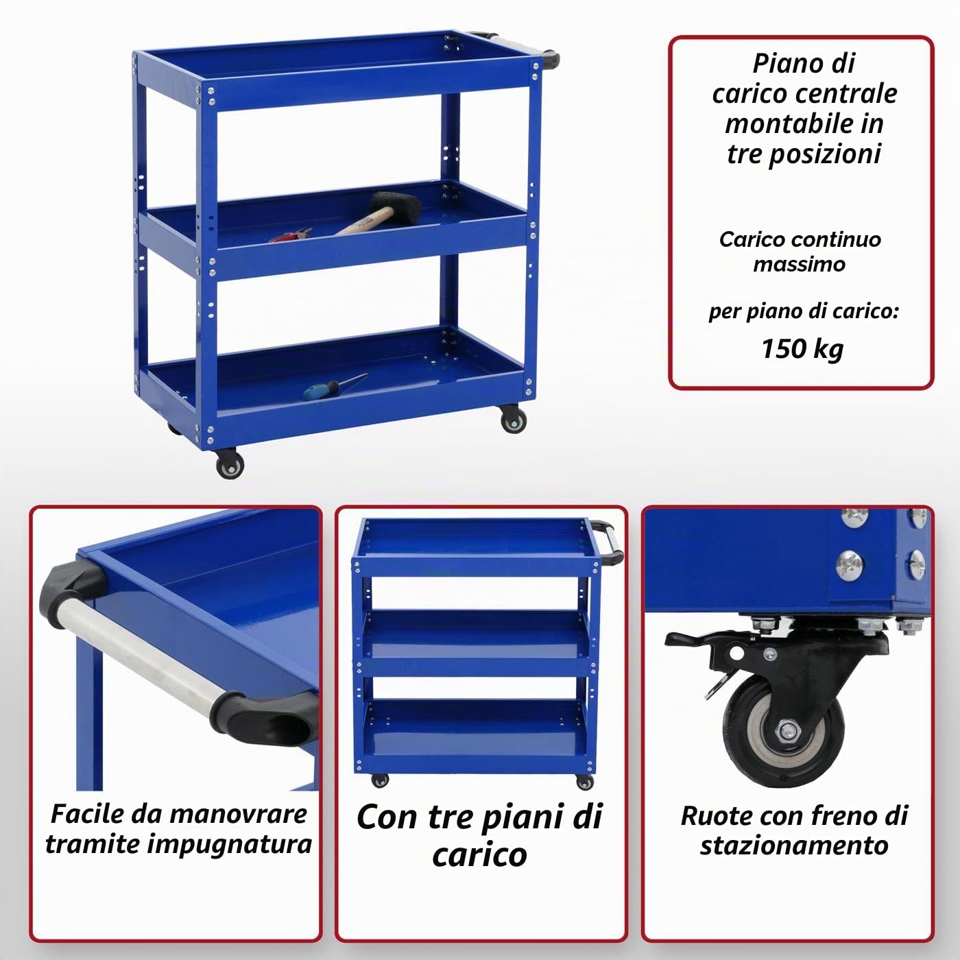 Mendler Carrello portautensili attrezzi HWC-M25, carrello da officina da trasporto, ruote 3 ripiani, acciaio 73x73x36cm blu