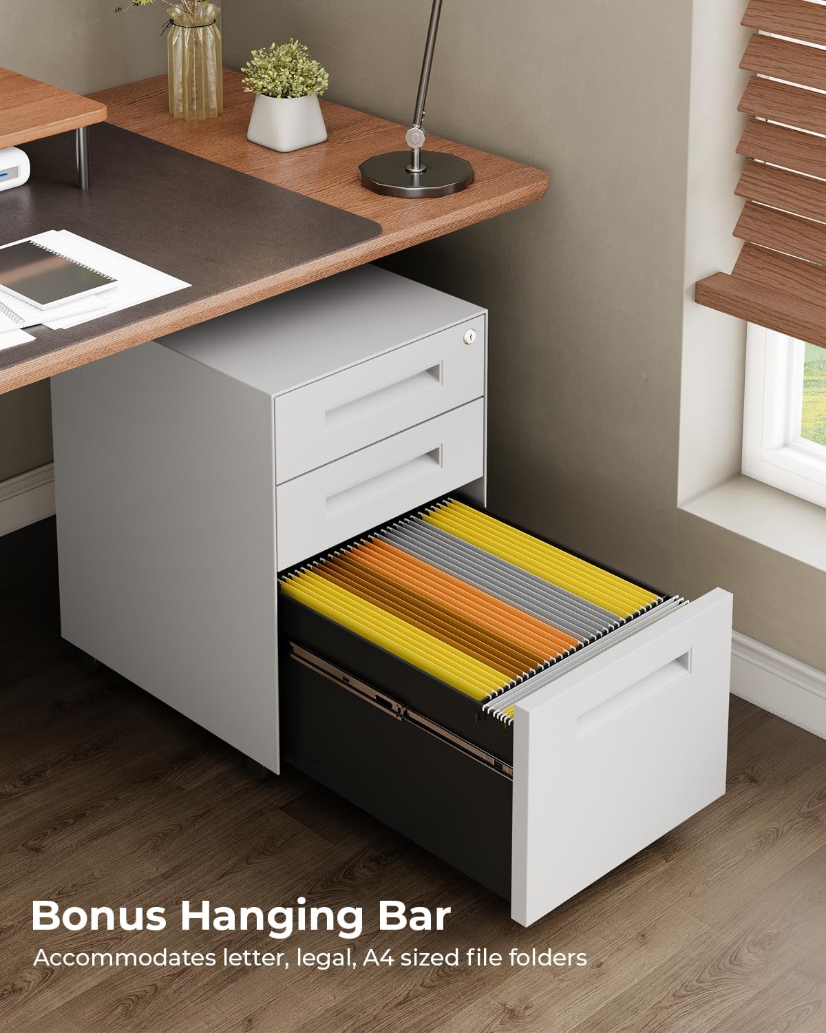 Dripex 3 Drawer File Cabinet, Mobile File Cabinet with Lock on Wheels, Letter/Legal Size, Fully Assembled, Modern Small Short Vertical Metal Rolling Filing Cabinets Under Desk for Home Office (White)