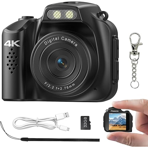 Mini Keychain Camera - 4K Mini Retro Digital Camera - Tiny Pocket Size Photo Video Cameras with 32GB Card - Small Compact Micro Portable Video Recorder for Travel Study Recording(Black)