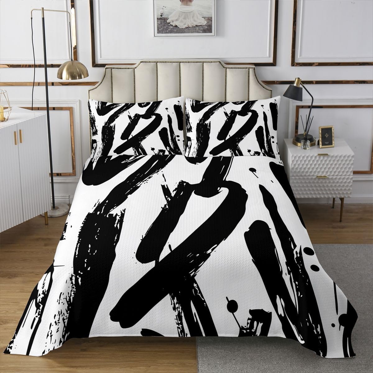 jejeloiu Abstract Black and White Bedspread Quilts Stripe Line Coverlet Set Twin Size for Kids Boys Girls Geometric Quilted Coverlet for All Season with 1 Pillowcase Microfiber