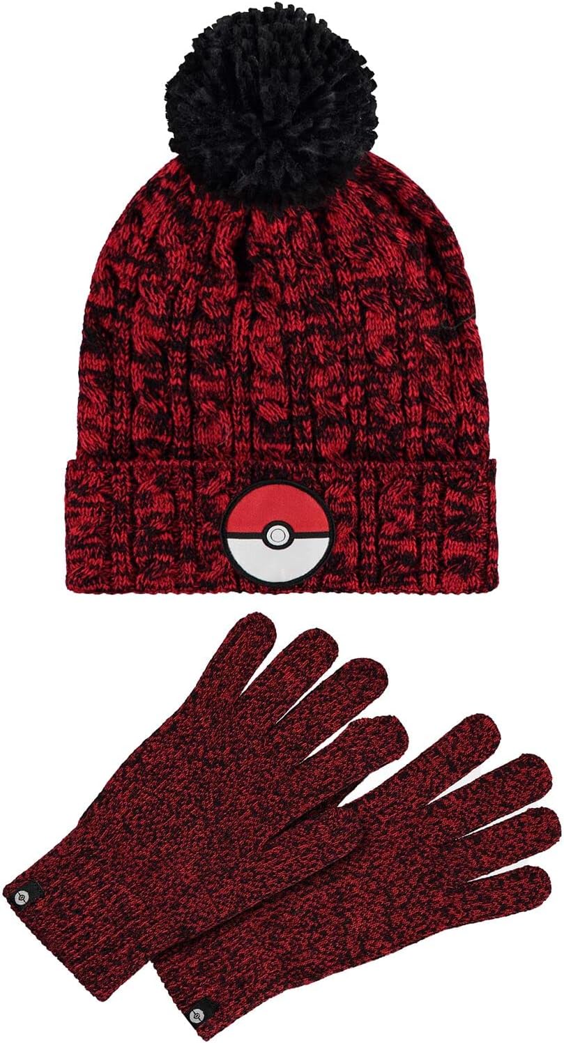 Pokemon Beanie And Knitted Gloves Poke Ball Logo Official Red Gift Set