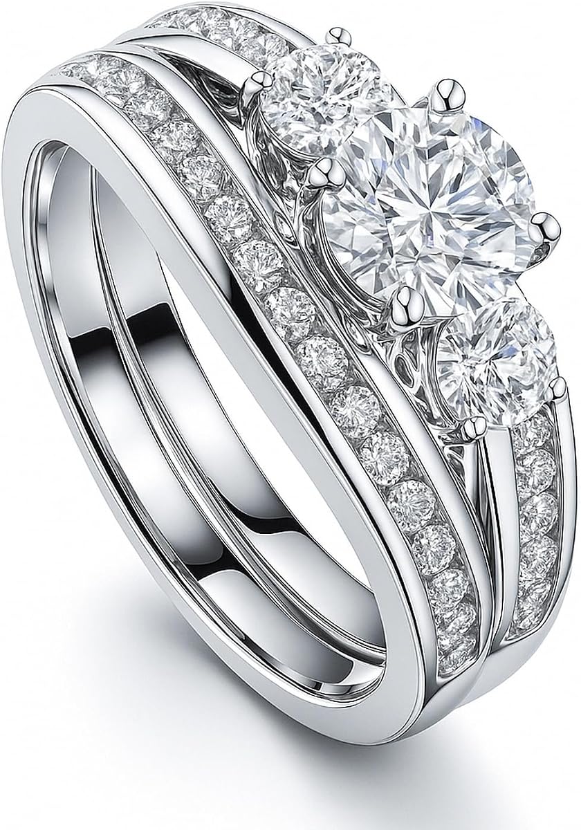 BERRICLE Anillos de compromiso de boda de plata de ley con circonita cúbica de 3 piedras, juego de anillos apilables para mujer, circonita cúbica, cojín, esmeralda, ovalada, princesa, corte redondo