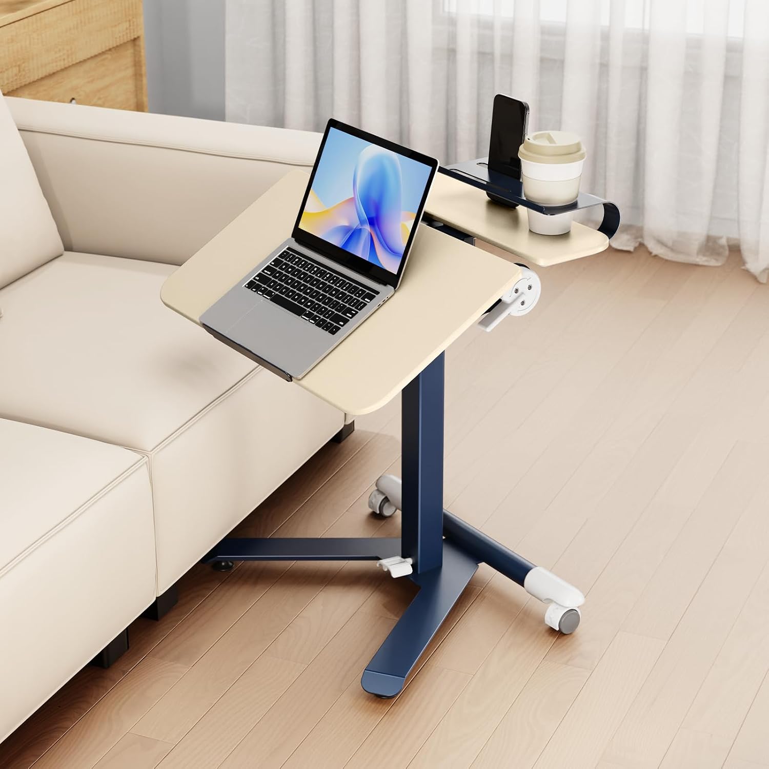 ROMOON Rolling Standing Desk with Wheels, Portable 24 inch Sit-Stand Laptop Cart with Tilt Top and Storage, Mobile Compact Workstation for Home Office and Small Spaces (Oat Yellow)